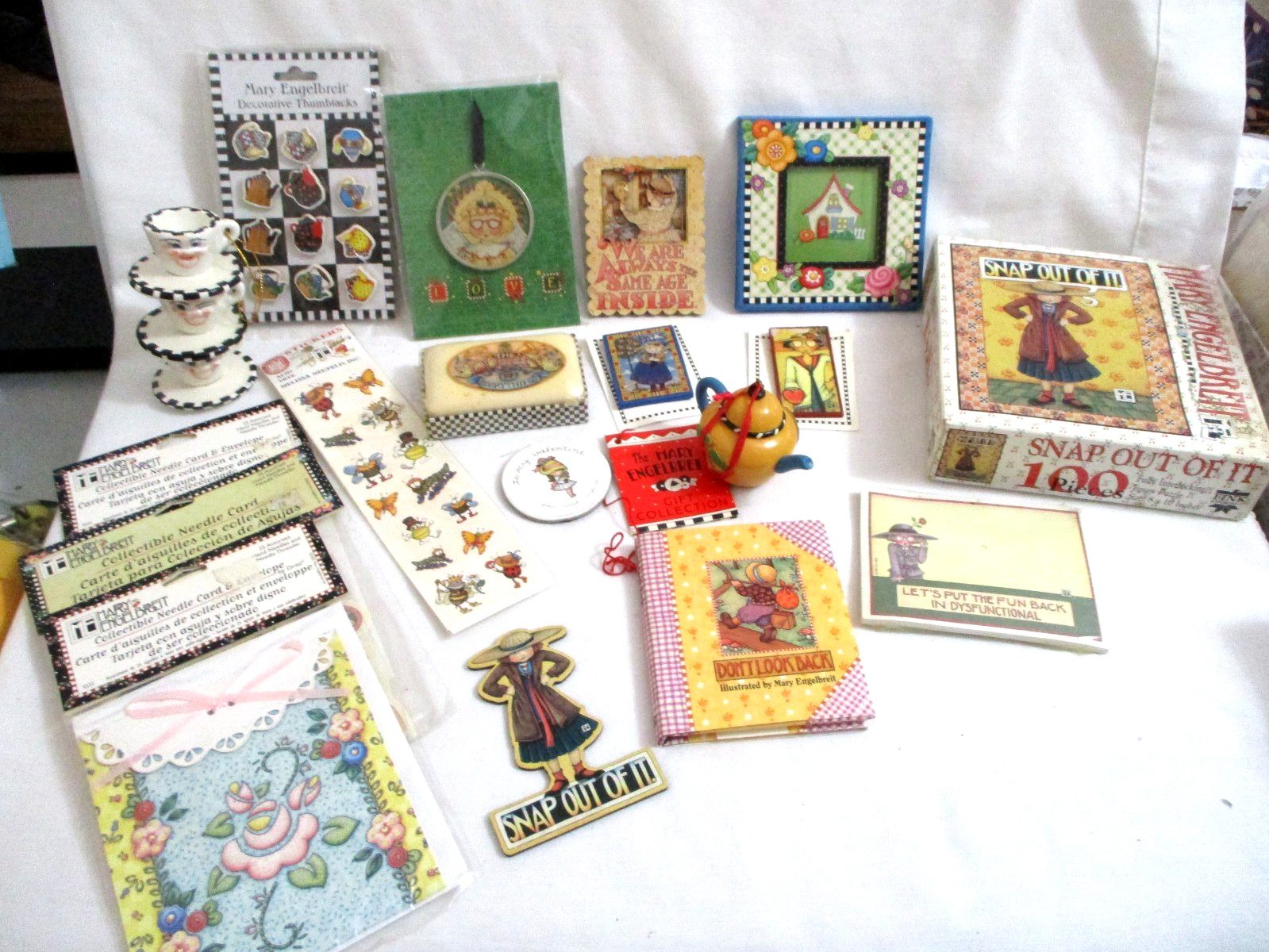 Lot of 18 Mary Engelbreit new & used items-puzzle-needles- frame-tacks-soap etc.