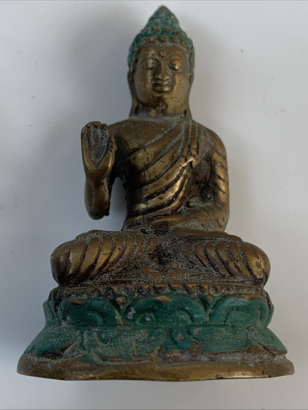 Vintage Brass Buddha Figurine 3 1/4” Tall Patina Base Seated Meditation Statue