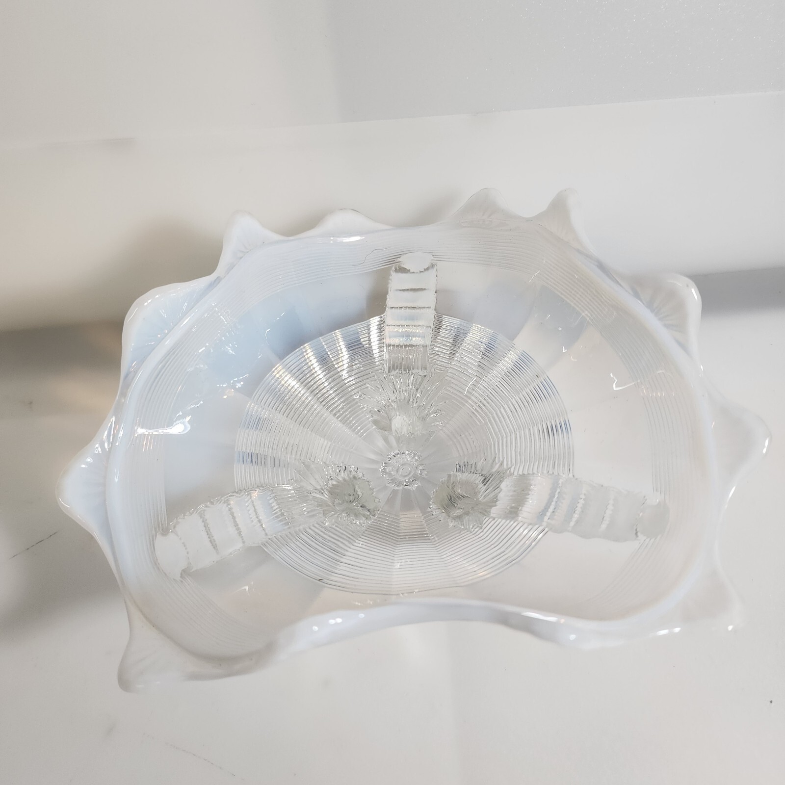 Fine Antique Northwood Glass White Ice Opalescent Ruffled Edge Three Footed Bowl