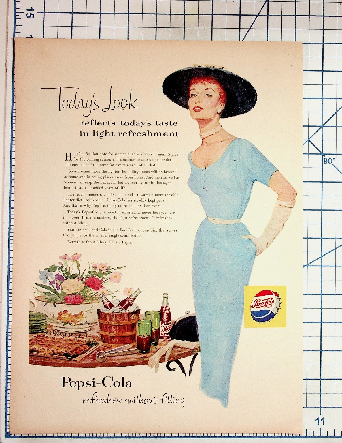 Vintage 1950s Pepsi-Cola Ad Today\'s Look Fashion Woman Slim Silhouette Ephemera Vintage 1950s Pepsi-Cola Ad Today\'s Look Fashion Woman Slim Silhouette Ephemera