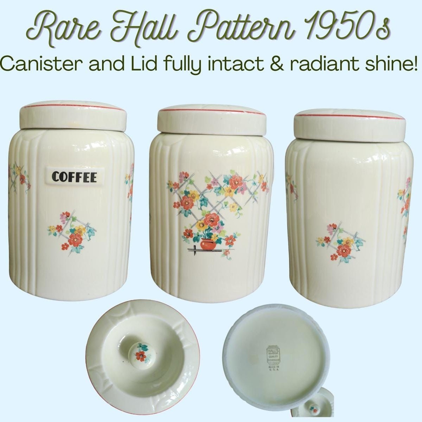 Hall Coffee Canister Floral Lattice Radiance 1950s RARE Cream Orange 7.25\