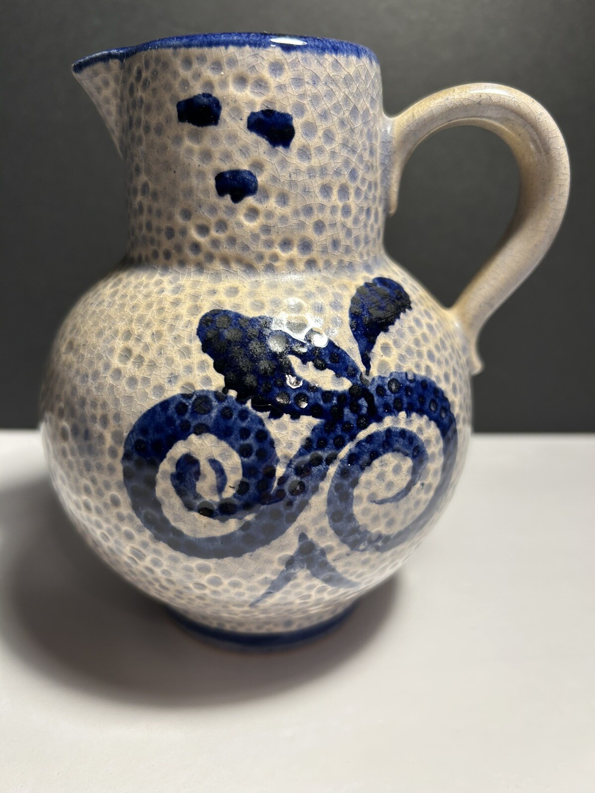 VTG Small Pitcher W.Germany Ceramic Pottery Beige & Blue 5.5 Approximately.