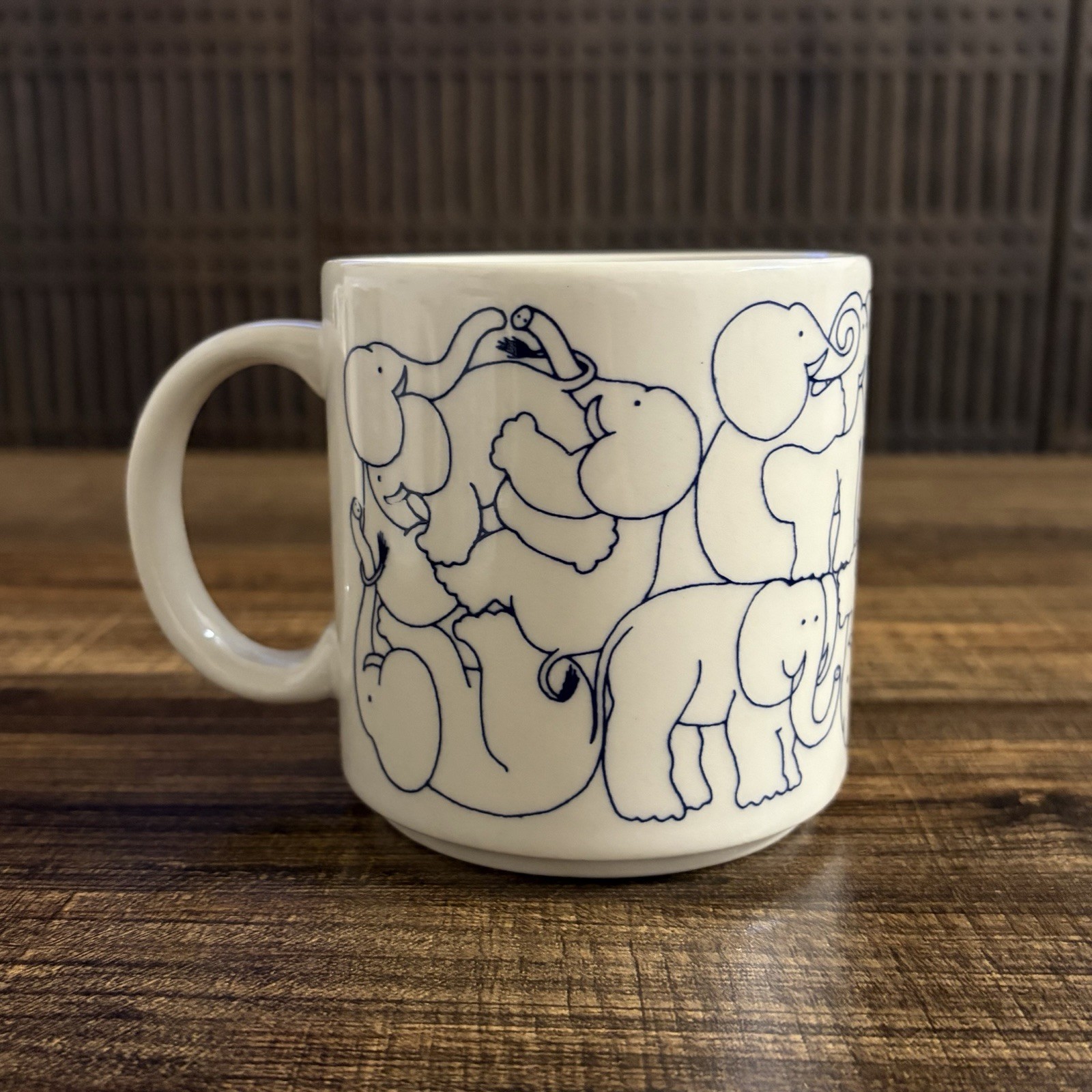 Vintage 1984 Taylor & Ng Elephant Orgy Mug Blue White Win Ng Japan Coffee Cup