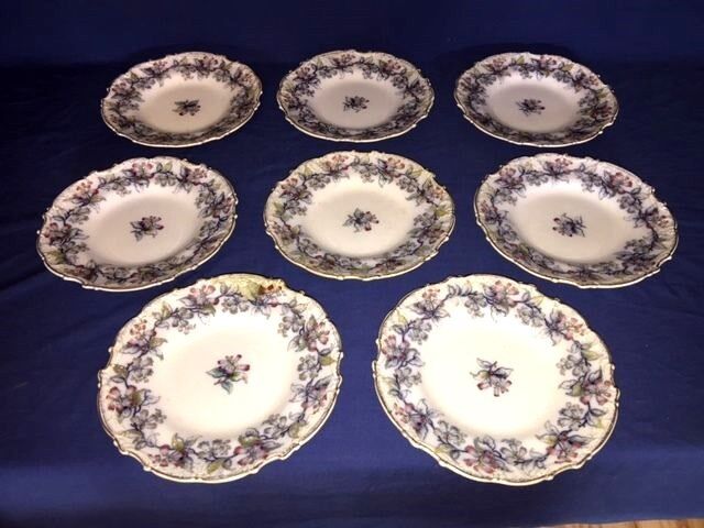 8 Antique Charles Meigh Flow Blue Opaque Porcelain Dinner Plates c1850\'s