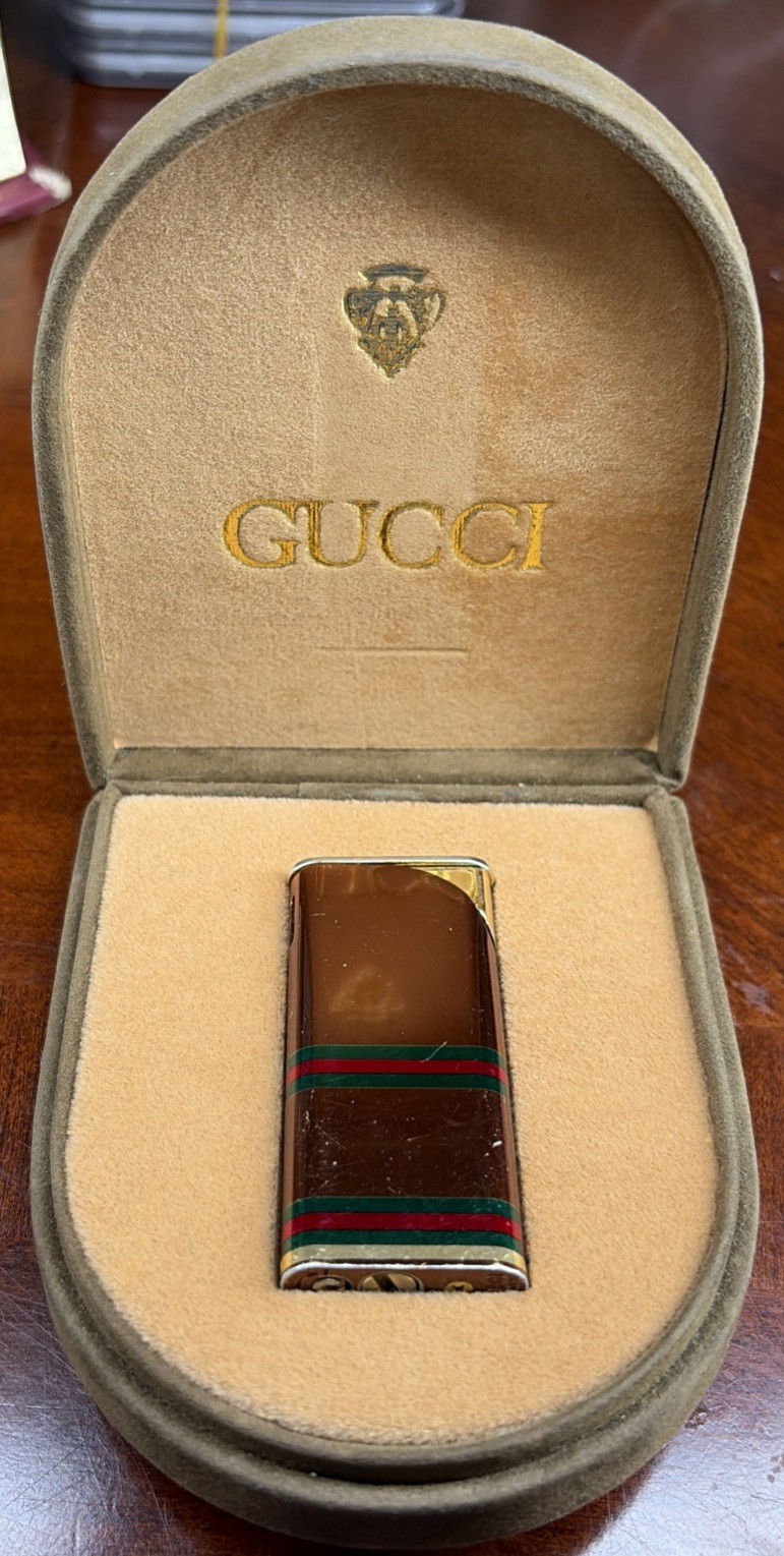 Working Vintage Gucci Gas Lighter Sherry Line GG Logo Brown Gold with Box