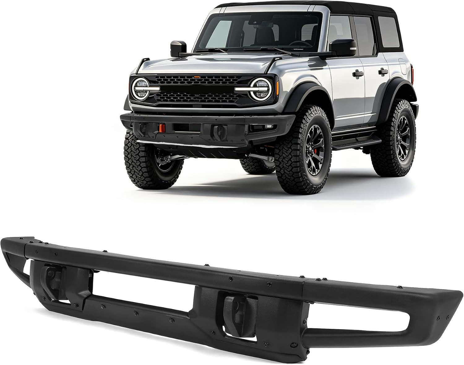 Front Bumper Compatible with 2021-2023 Ford Bronco Steel Powder Coated Black W/S