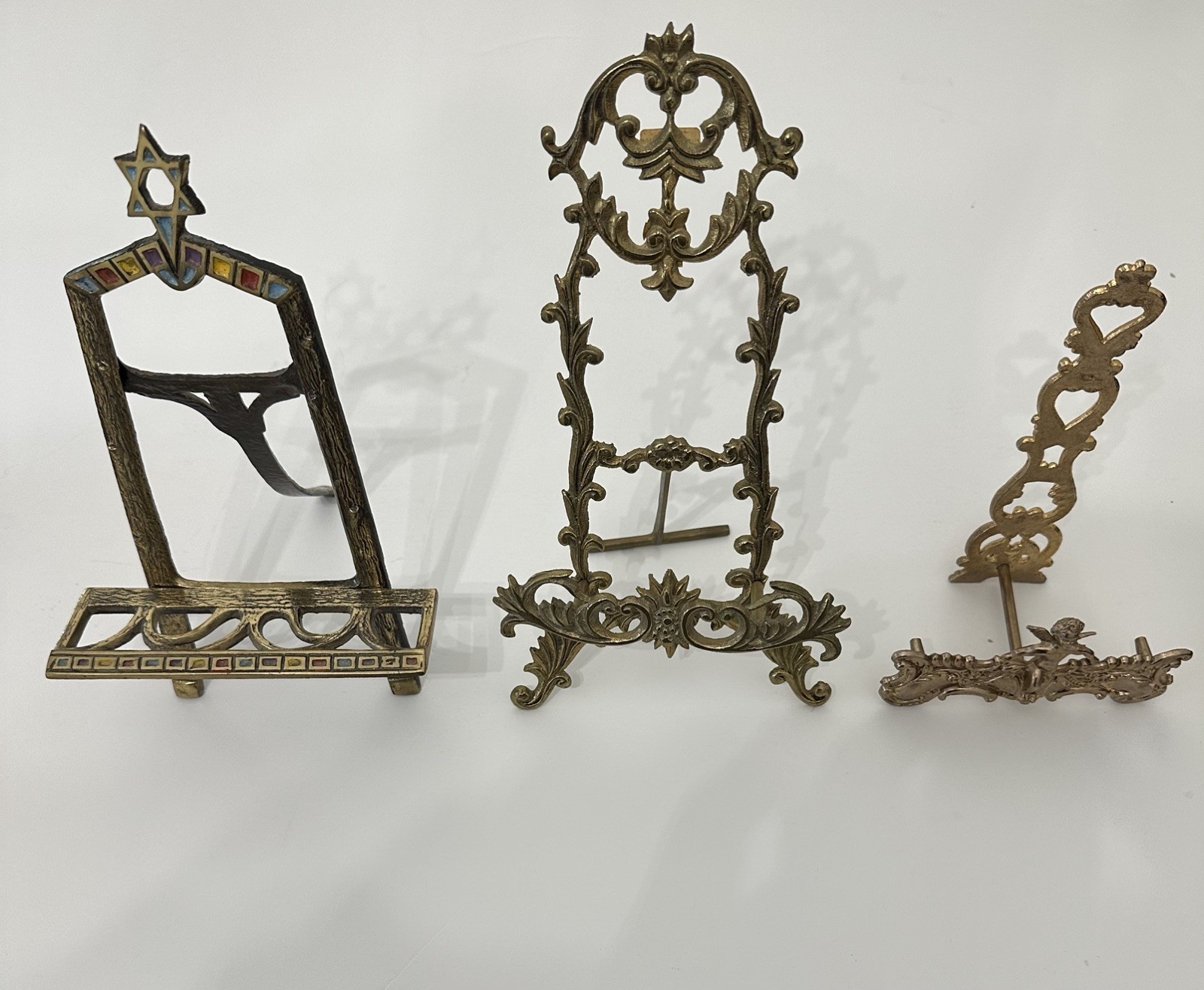Vintage Brass Tabletop Easel Lot of 3 Israel Enamel Cherub Cupid Ornate Stands