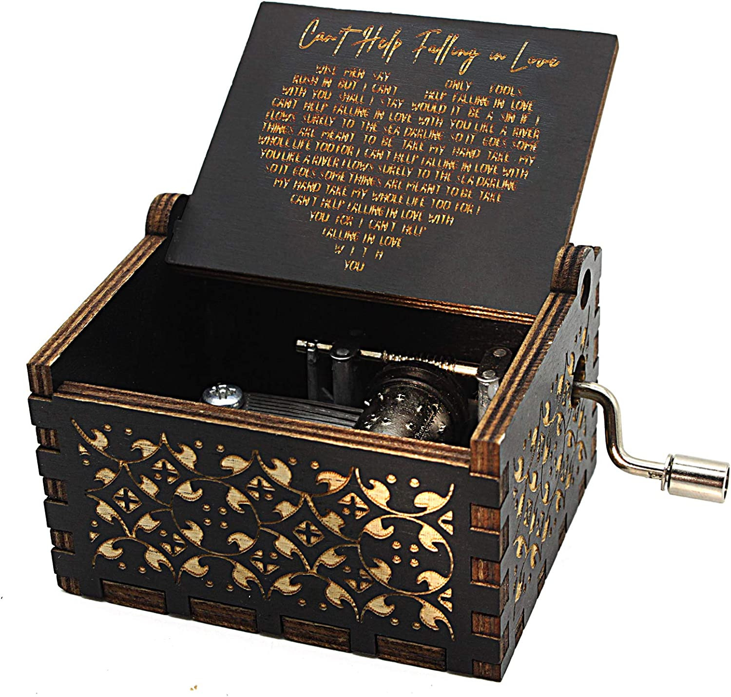 Can\'T Help Falling in Love Wood Music Box, Antique Engraved Musical Boxes Case f
