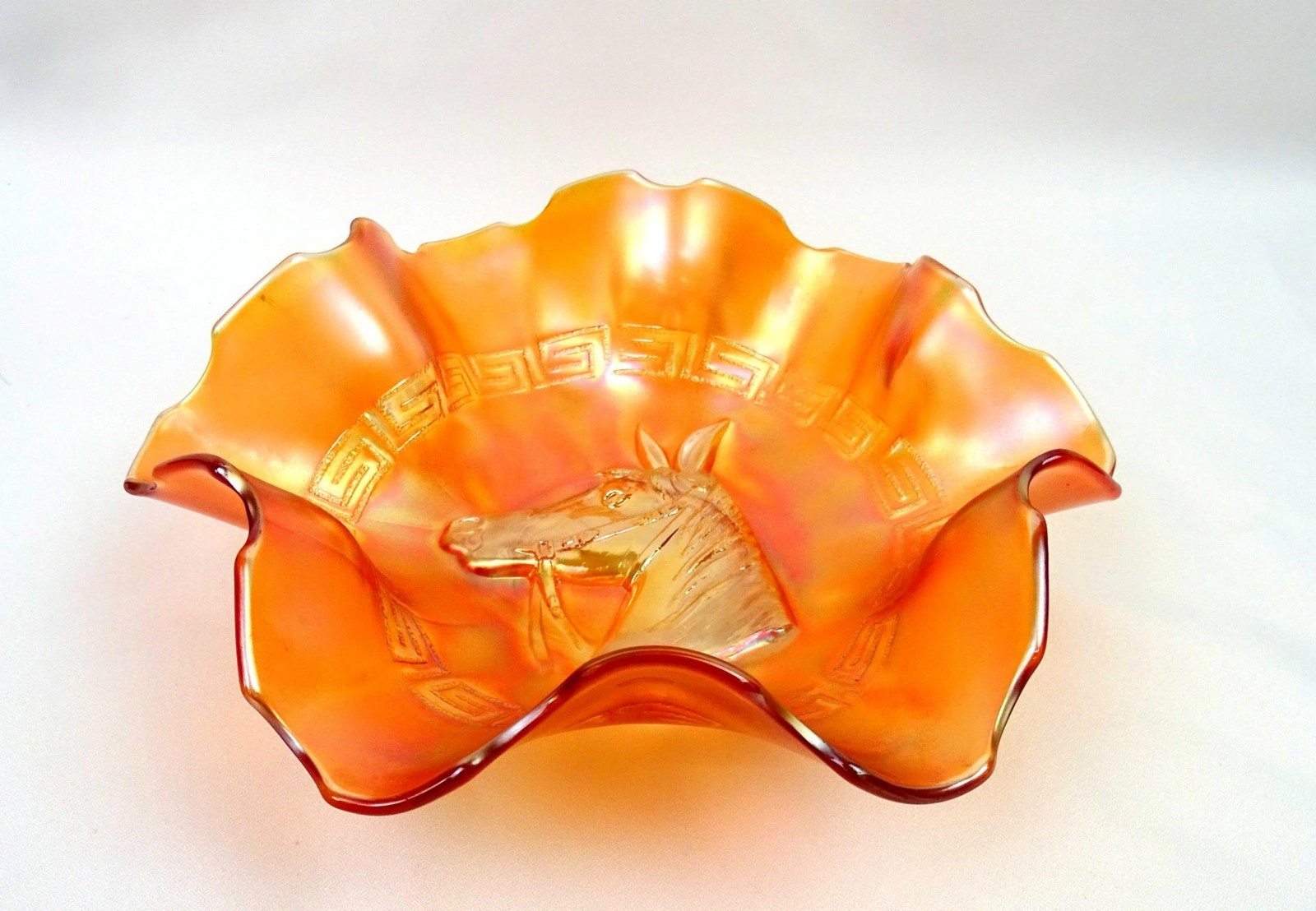 Mosser Glass Gary Levi Carnival Glass Pony Marigold Iridescent 8 5/8