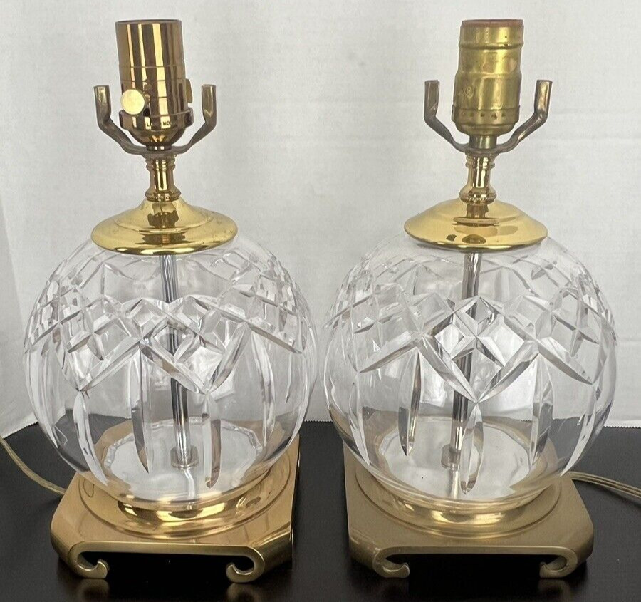 Pair Waterford Lismore Cut Irish Crystal Boudoir Brass Table Lamps Vintage