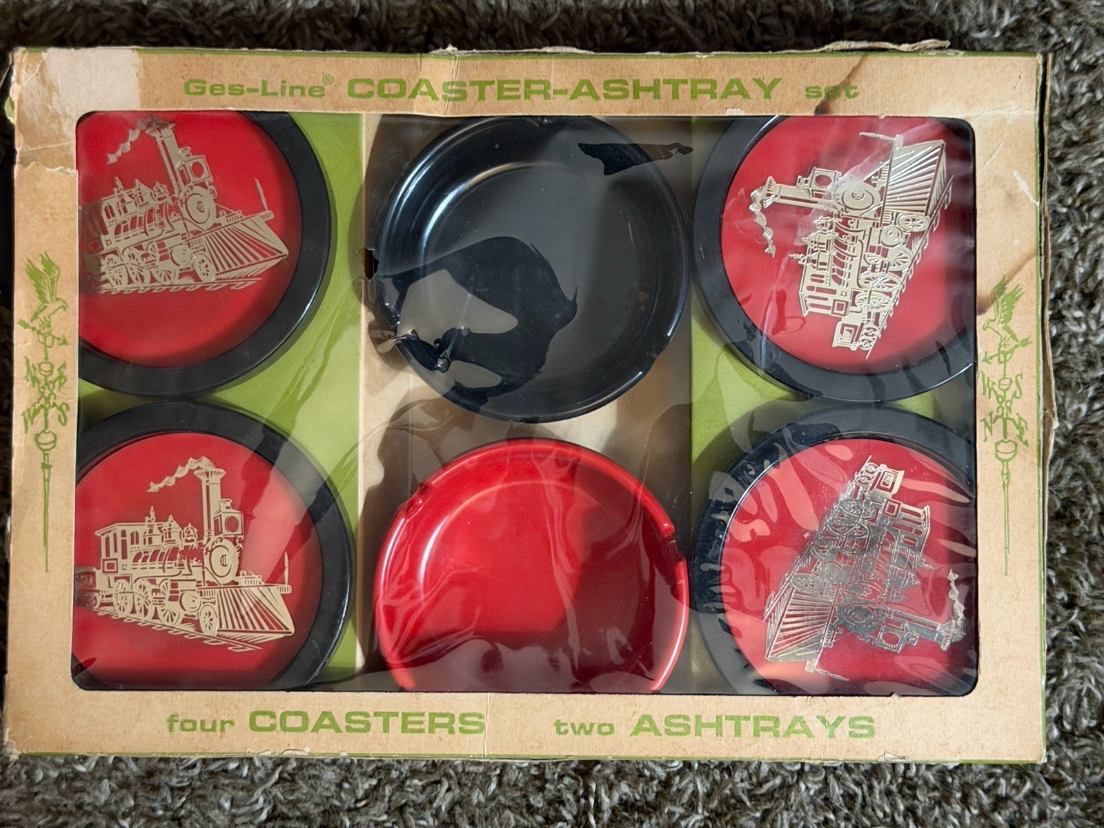 Vtg 1968 Gesner Ashtray Coaster Set MCM Train Locomotive NOS