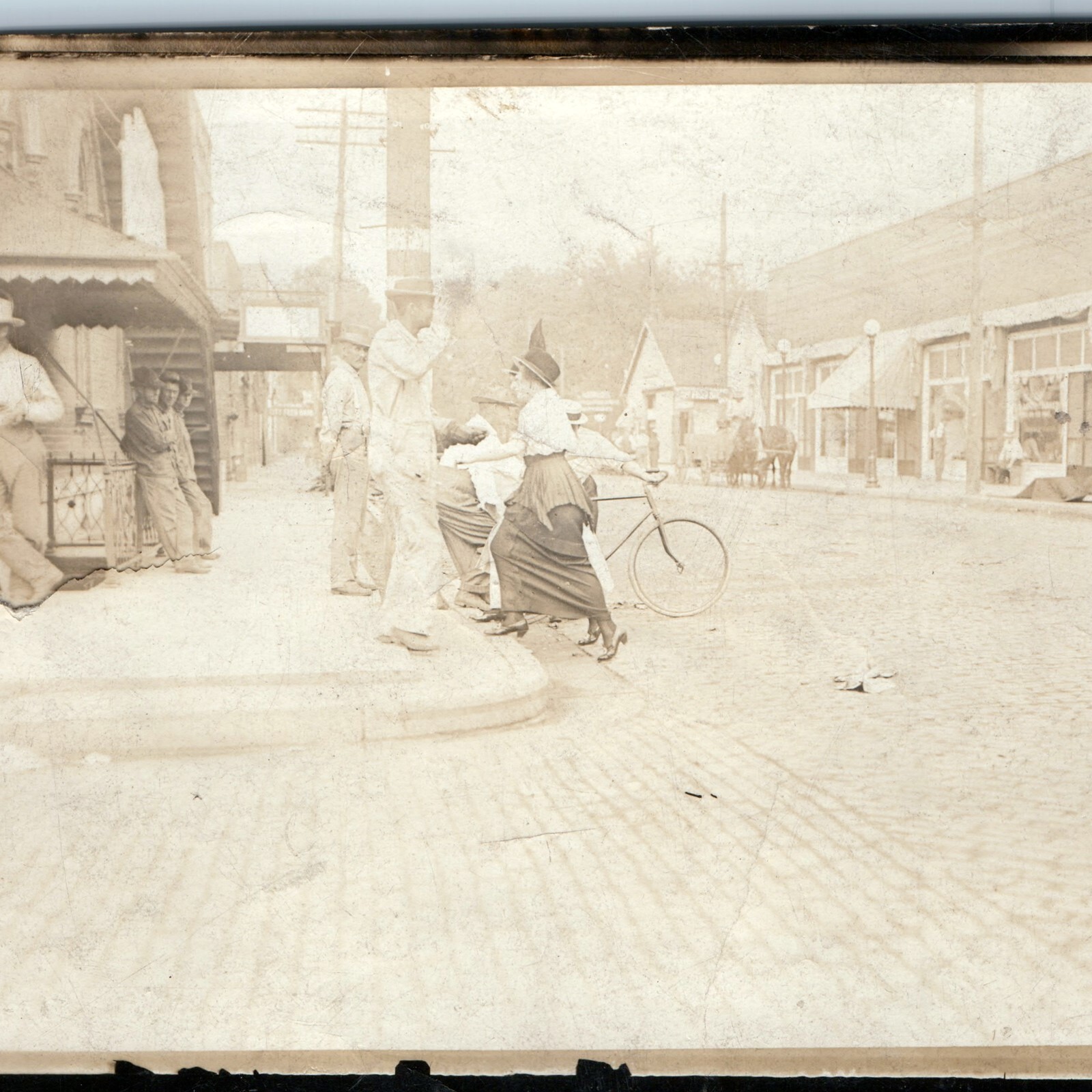 Vtg c1910s Real Photo Snapshot Downtown Lady Bicycle Whisky Store Sign Street Vtg c1910s Real Photo Snapshot Downtown Lady Bicycle Whisky Store Sign Street