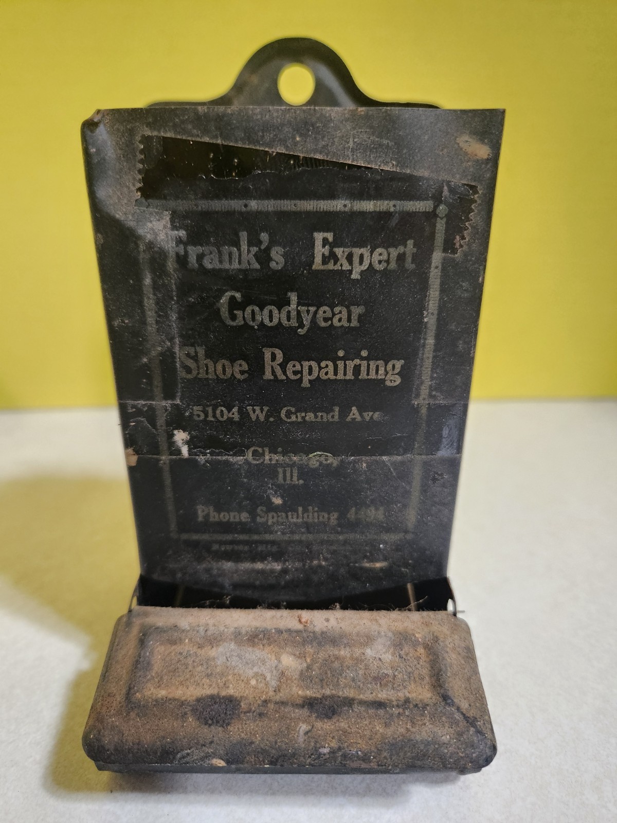 Antique Franks Expert GOODYEAR Shoe Repair Wall Mount Tin Matchbox Holder Ch. IL