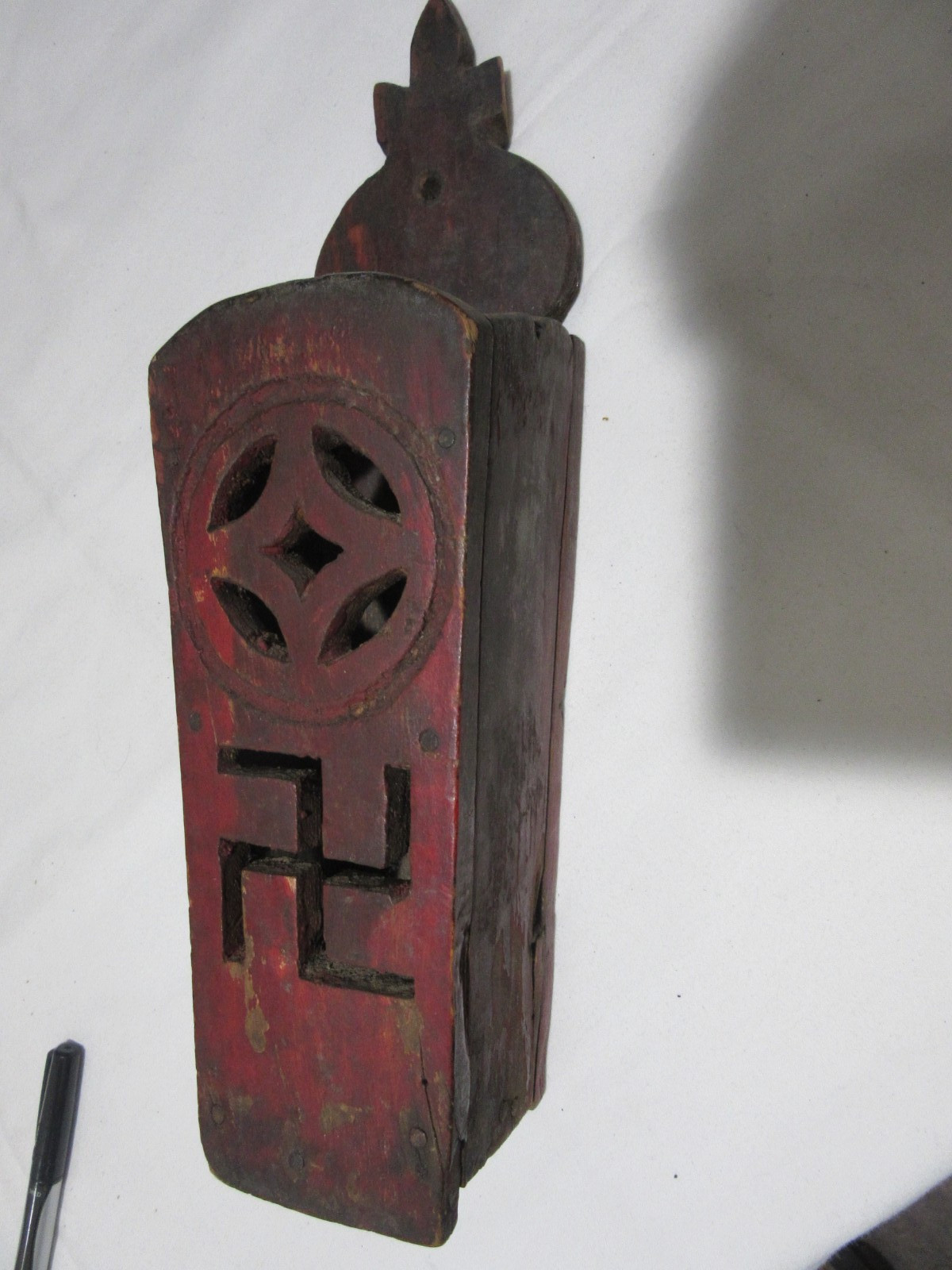Antique Wood Wall Box hand made with 2 carved symbols age or origin unknown