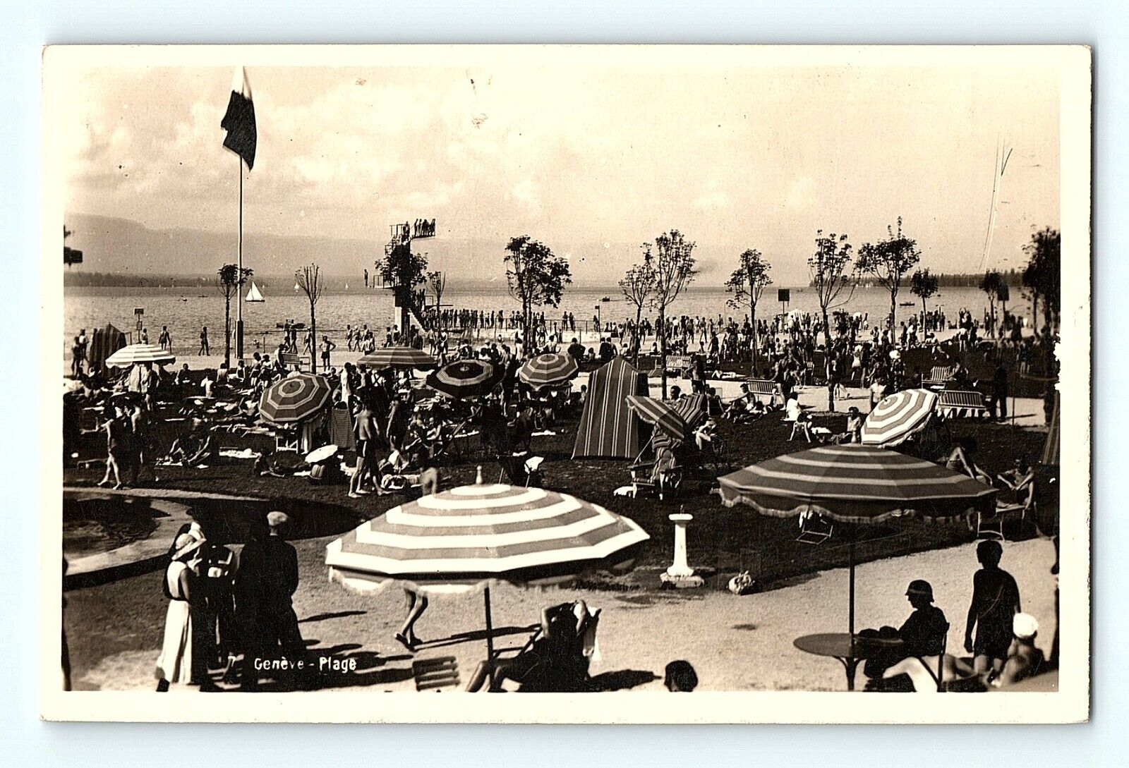 RPPC Beach Scene Striped Umbrellas Ocean Sail Boats Geneve Vintage Postcard D3
