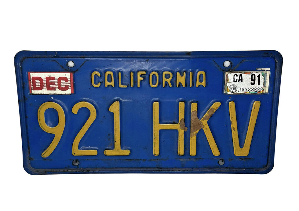 California License Plate Vintage Classic Blue 1980s 1991 Tag Collectible 921 HKV California License Plate Vintage Classic Blue 1980s 1991 Tag Collectible 921 HKV
