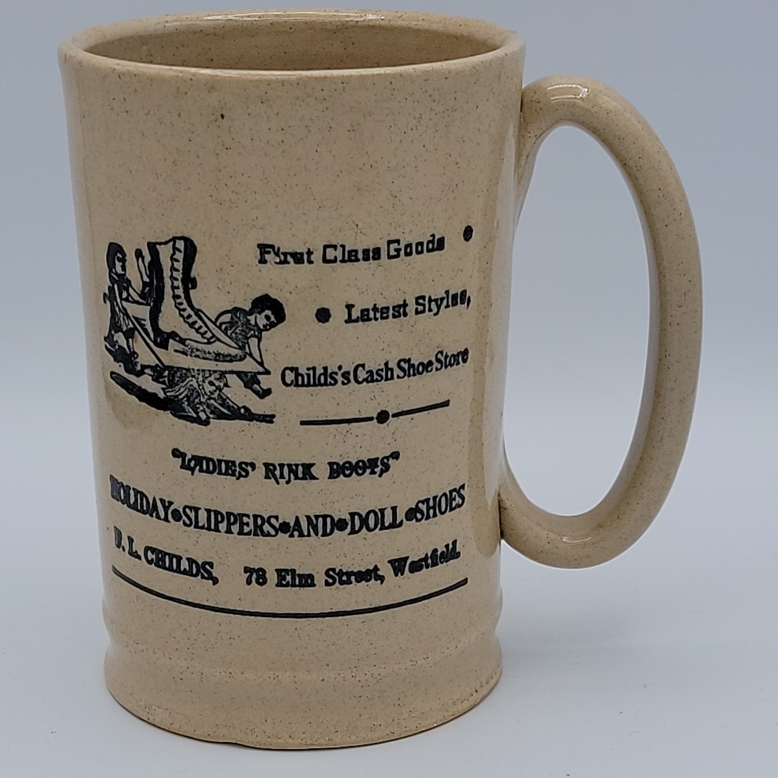 Vintage Moira Stoneware Advertising Mug Shoe Store Skates, Holiday England