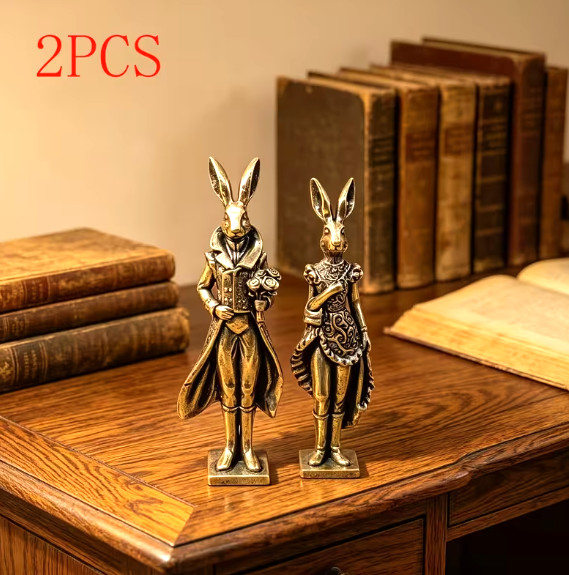 BRASS MINITURES-2 Pcs Brass Gentleman Rabbit in Tuxedo & Lady Rabbit in Gown