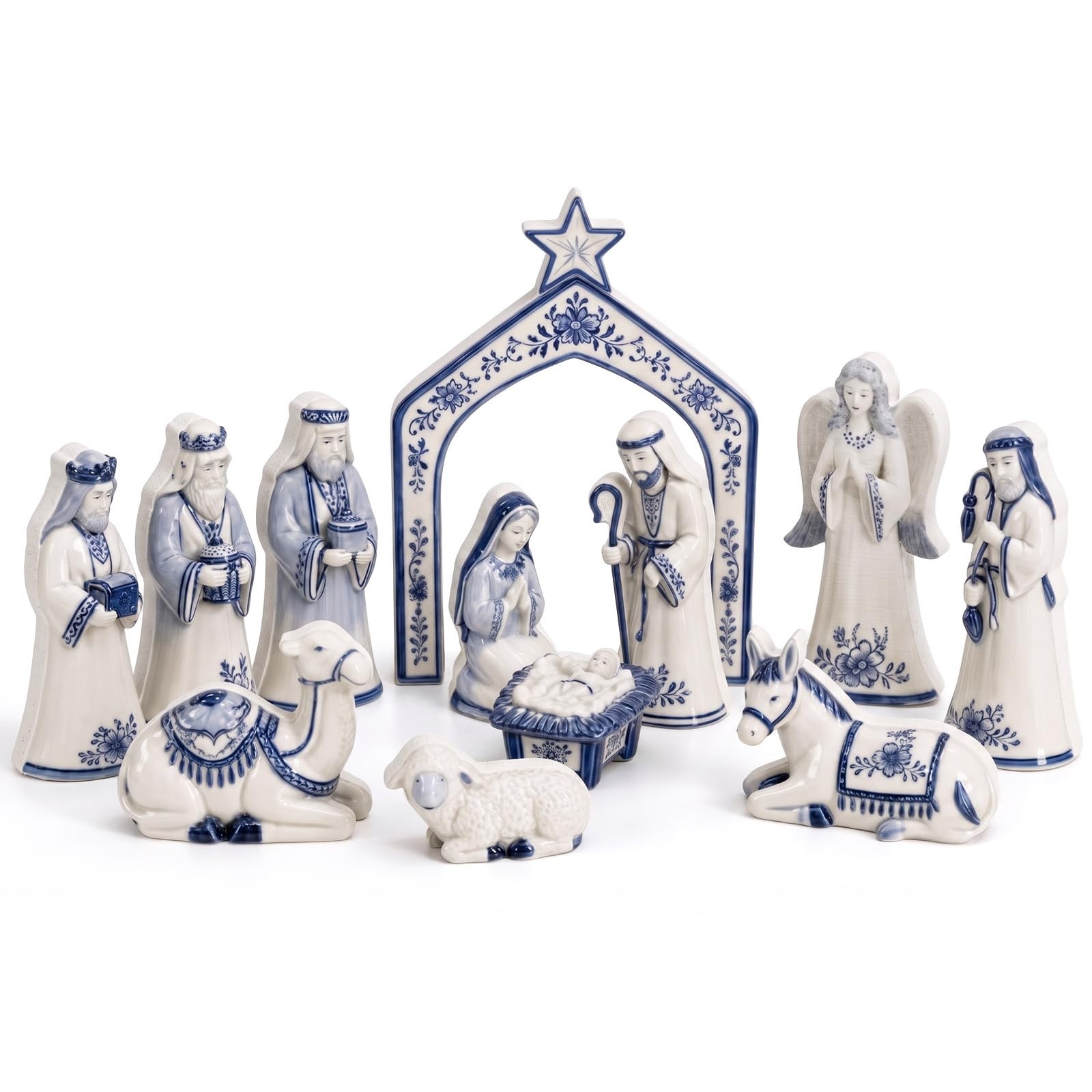 Amyhill 13 Pcs Christmas Blue White Wooden Nativity Set, Mini Manger Decor