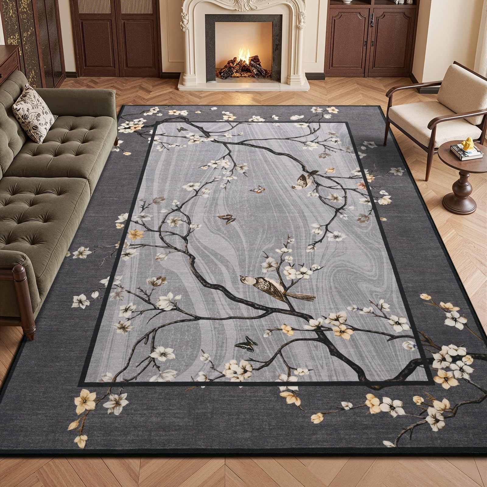 6x9 Area Rugs for Living Room Bedroom, Oriental Floral Birds Print Washable R...
