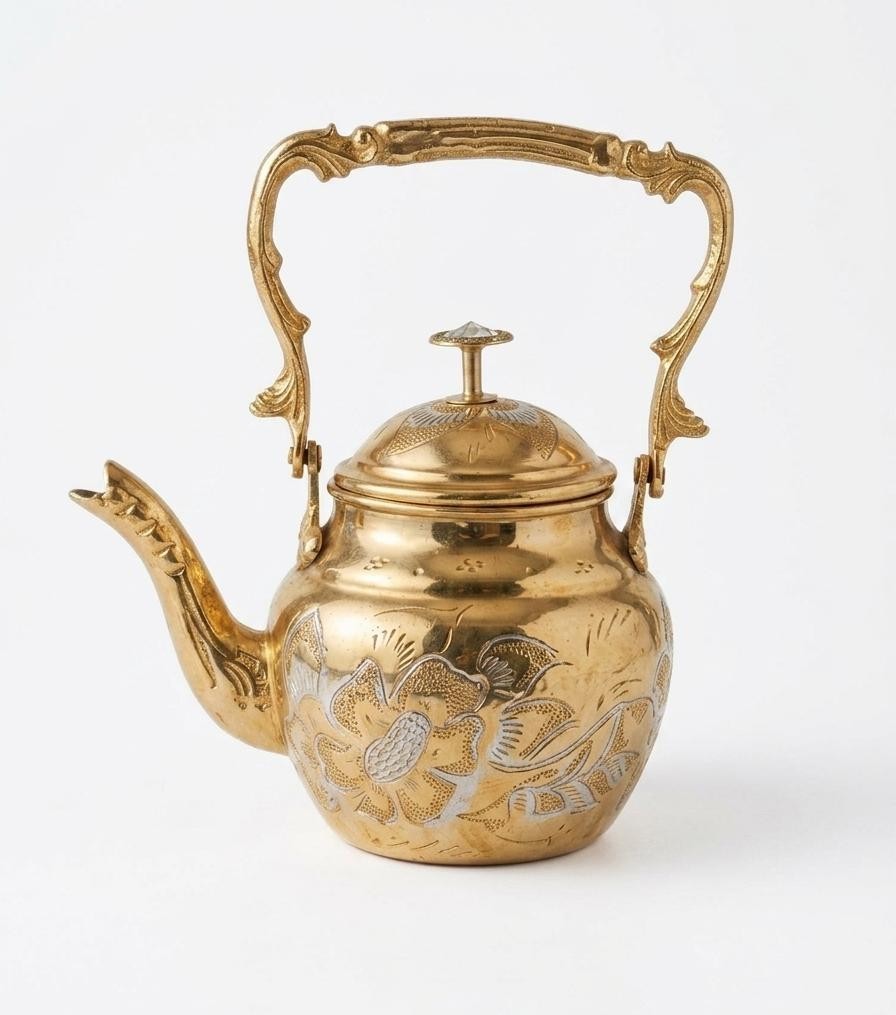 Handcrafted Brass , Ornate Floral Engraved Gold Kettle, Silver Accents  Decor