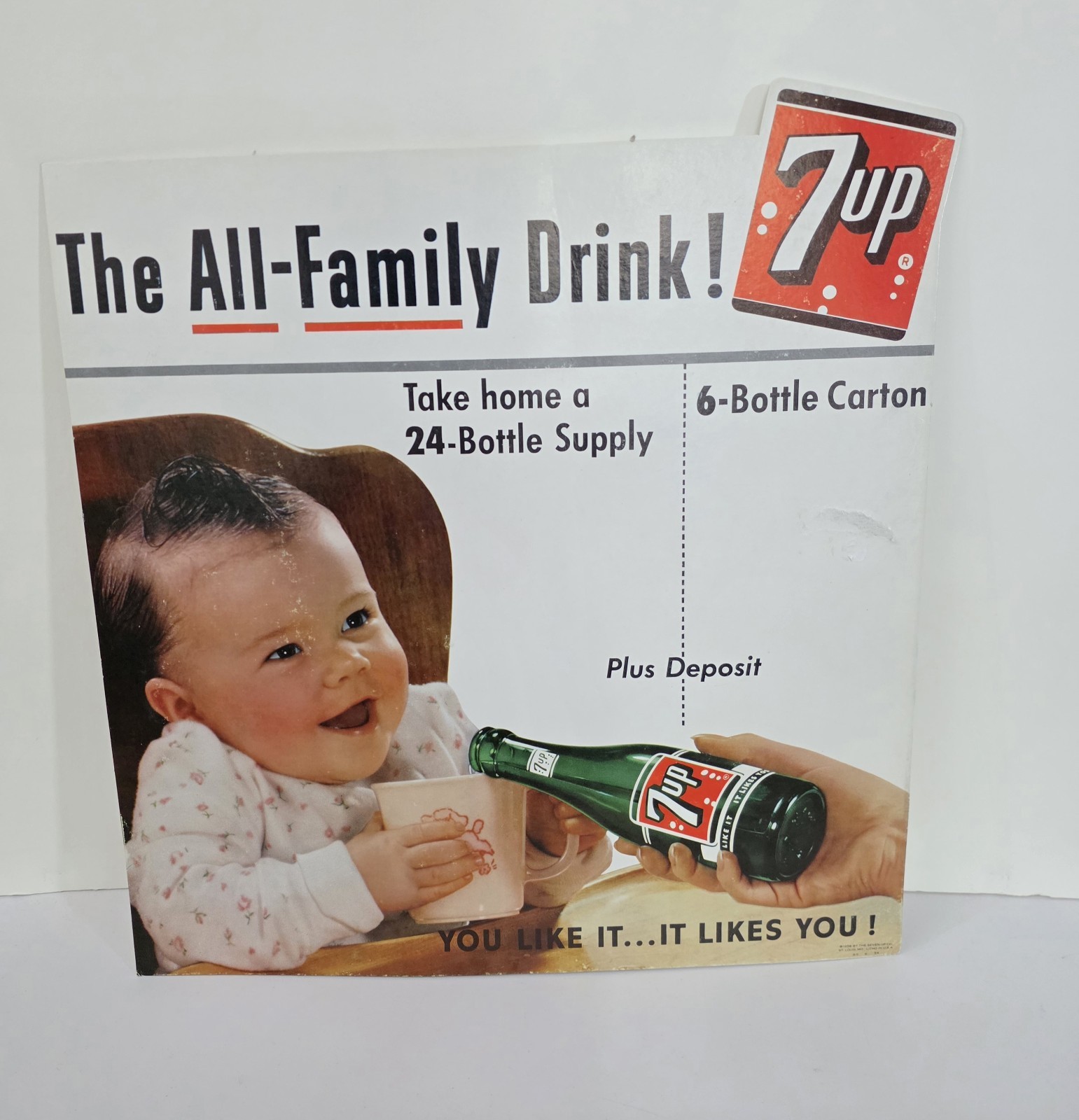 Vintage 1956 7Up Soda Cardboard Sign Baby All-Family Drink Litho Display 14\