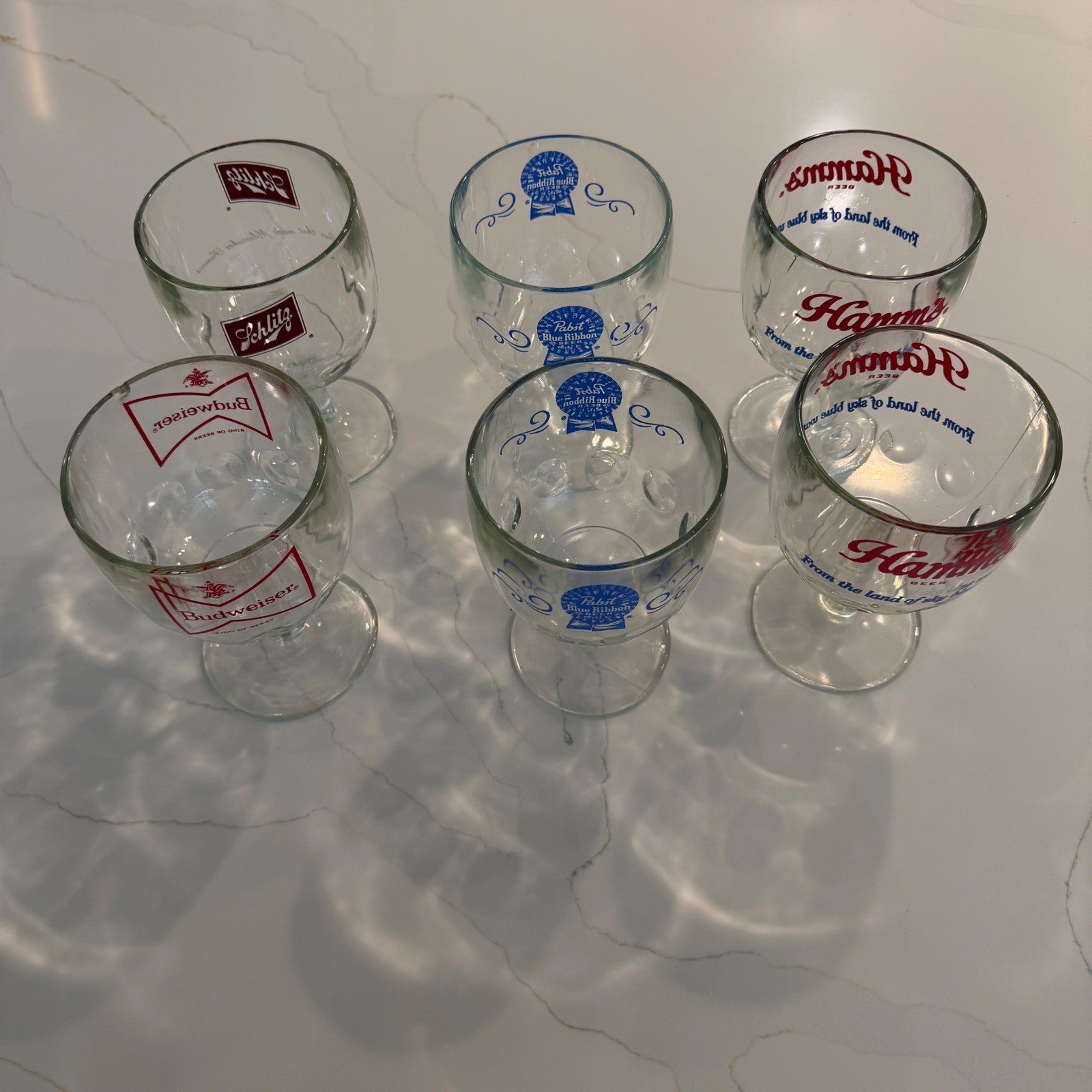 Vintage Beer Goblet Set 6 Hamm\'s PBR Budweiser Schlitz Thumbprint Glass Barware