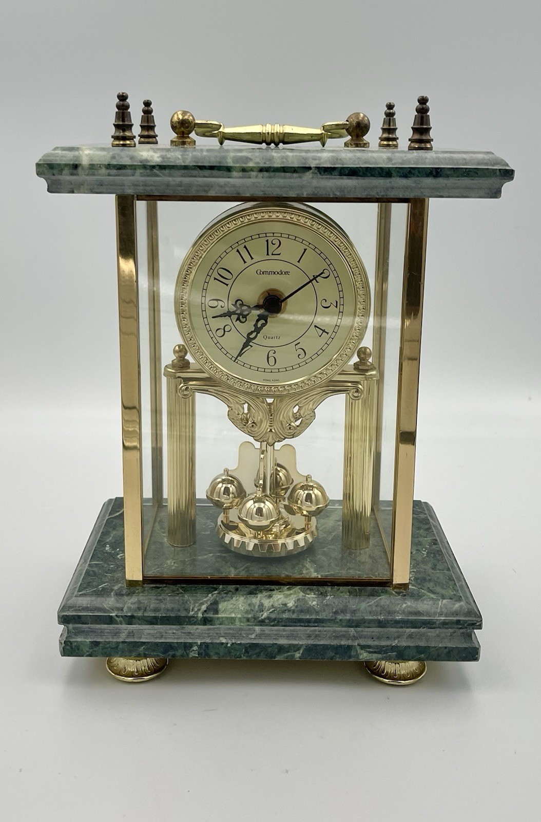 Vintage Commodore Quartz Mantel Clock Marble Brass Rotating Pendulum WORKING