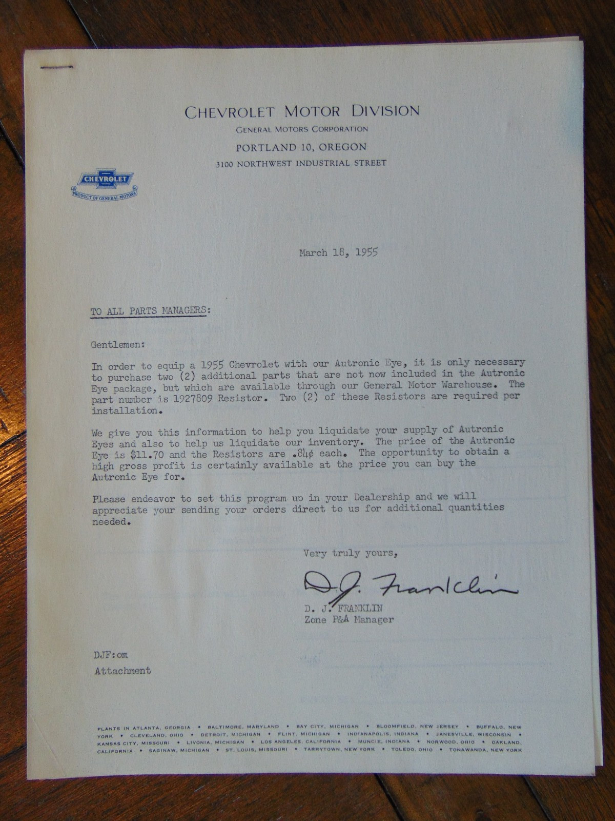 Original Chevrolet Motor Division Dealer Letter March 18, 1955 - Autronic