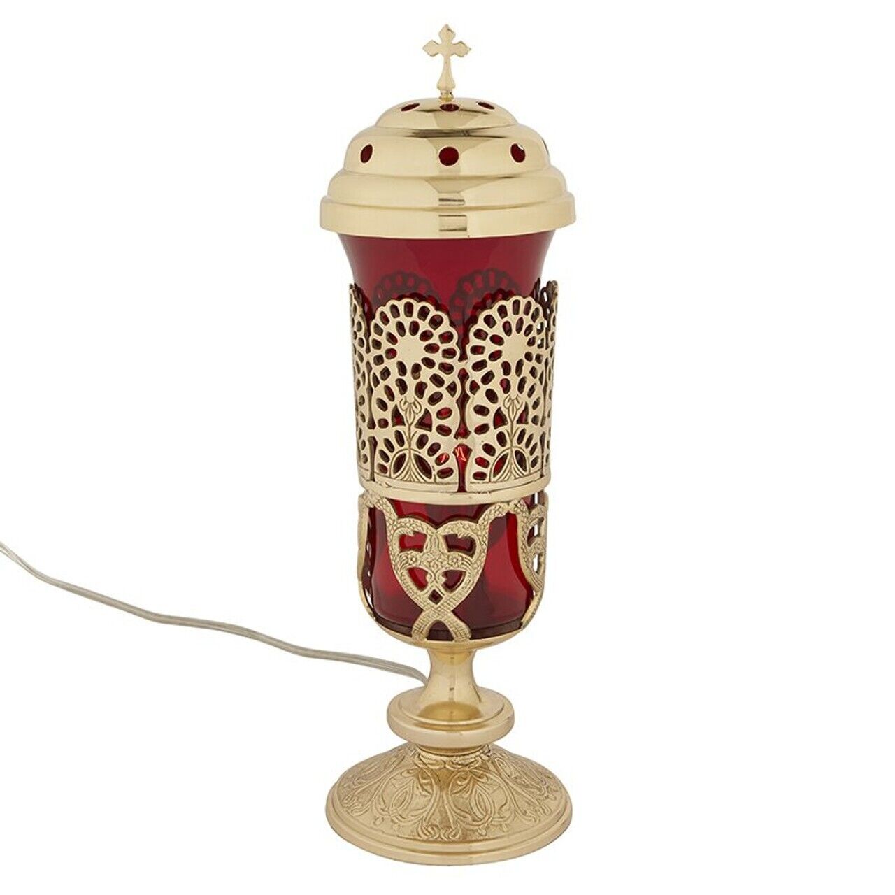 Cross Top Brass Electric Red Globe Sanctuary Light Holder for Churches 18 In