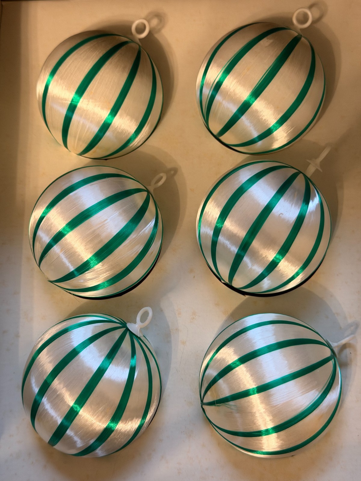 Vintage Pyramid Unbreakable Green Striped Satin Sheen Ornaments, Set of 6