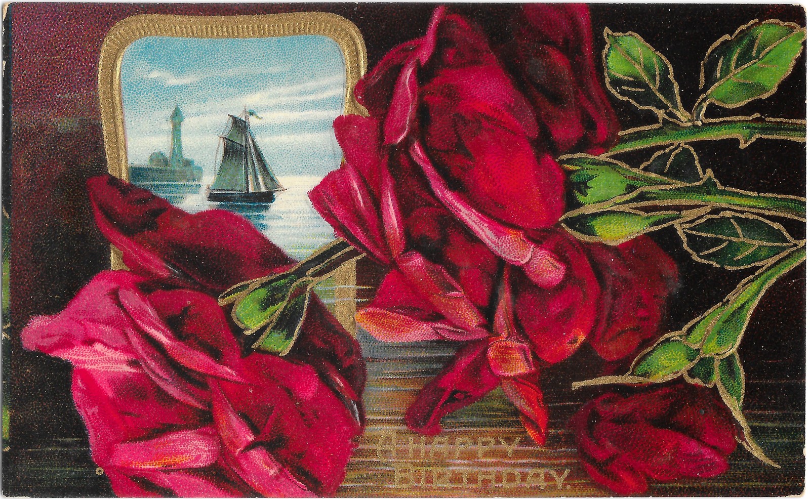 Happy Birthday Postcard Roses Lighthouse Sailboat Embossed Germany 1908