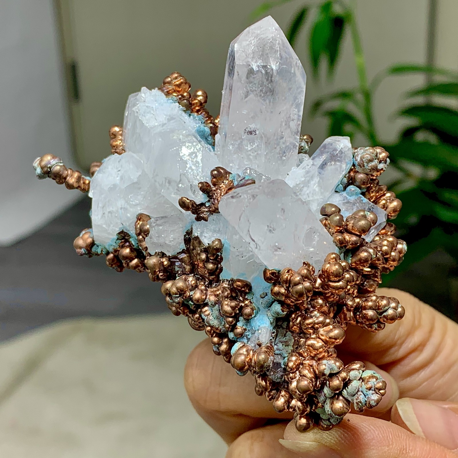 217G Rare iridescent Native Copper with white quartz crystal mineral-symbiosis
