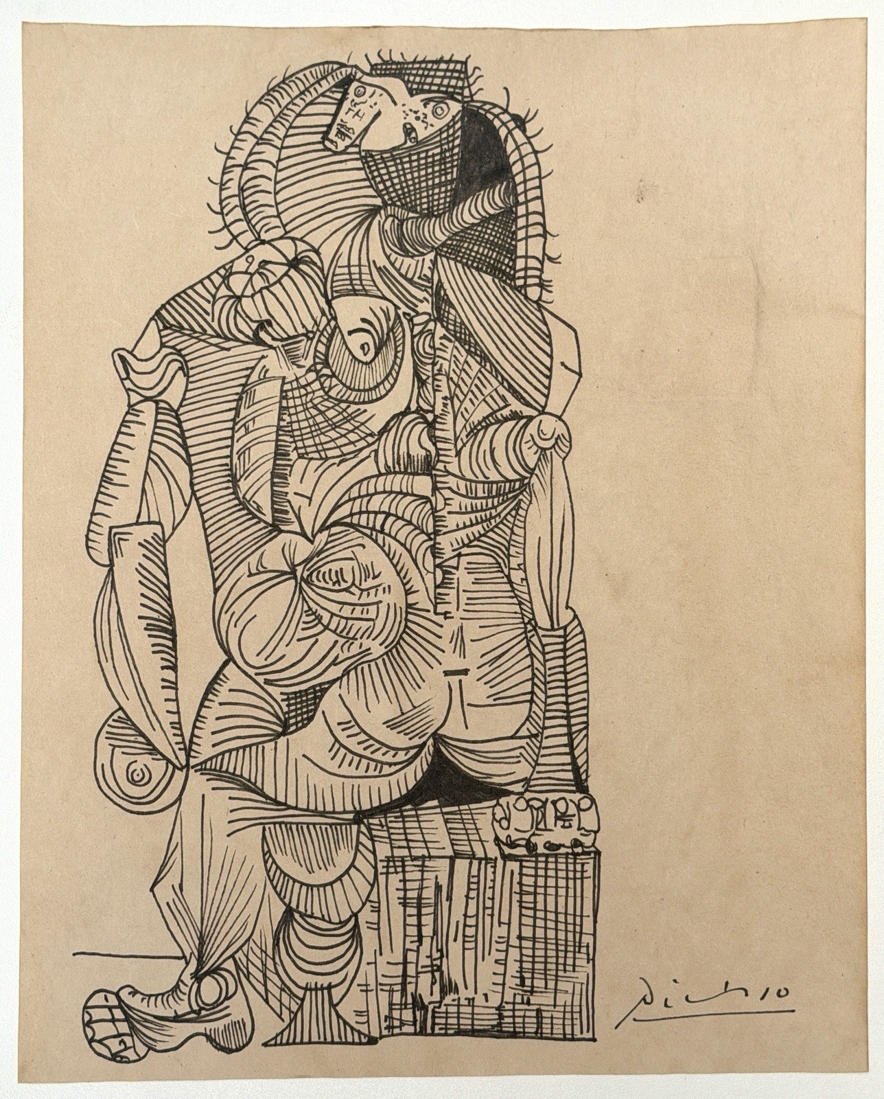 Pablo Picasso Drawing on old paper (Handmade) signed and stamped artwork