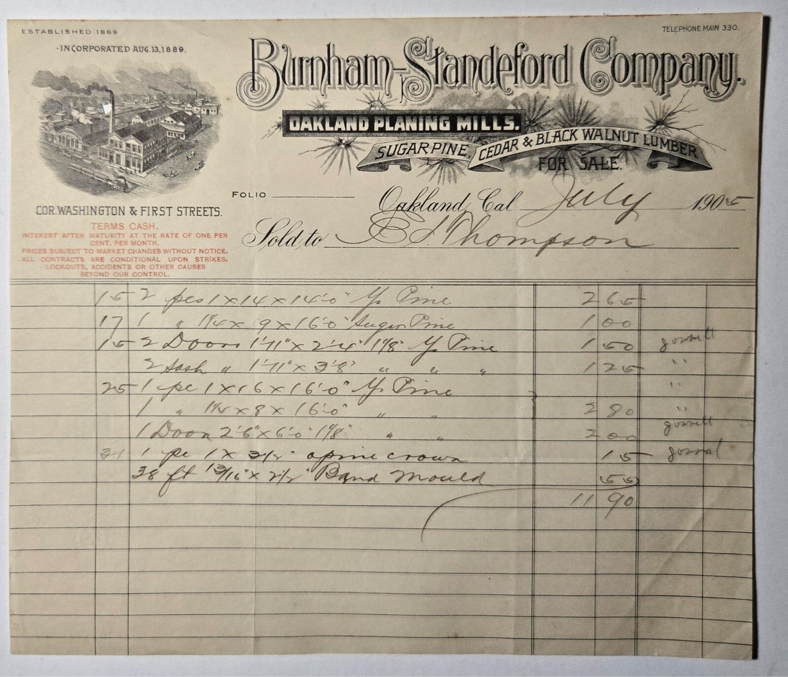 OAKLAND CALIFORNIA 1905 Burnham Mill BLACK WALNUT Lumber Illustrated Billhead