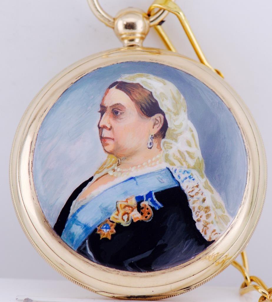 Antique 18k Gold Hand Painted Enamel Pocket Watch Queen Victoria Portrait c1890