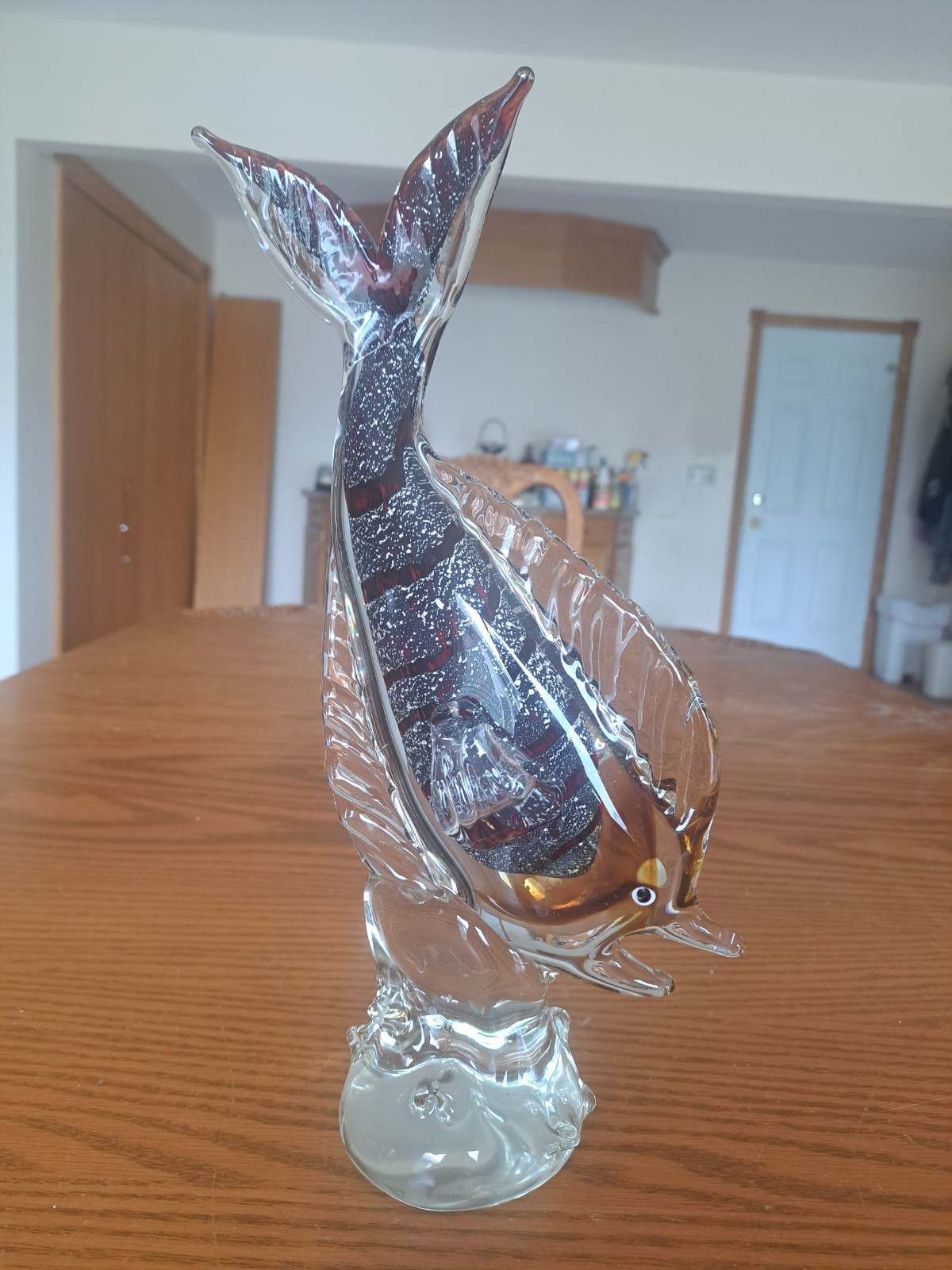 Murano Venetian Mid Century Tall Amber Red Silver Flake Tall Fish Sculpture