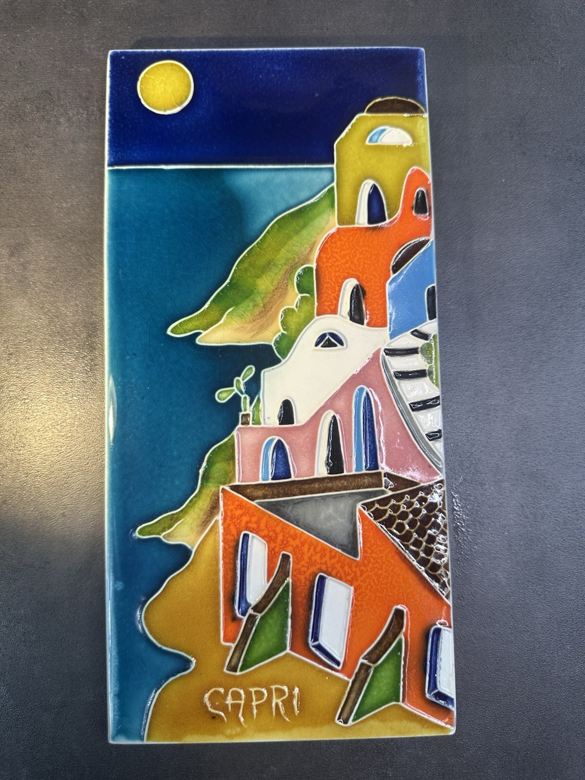 Capri Hand Painted Ceramic Glazed Raised Relief Mediterranean Coastal Tile