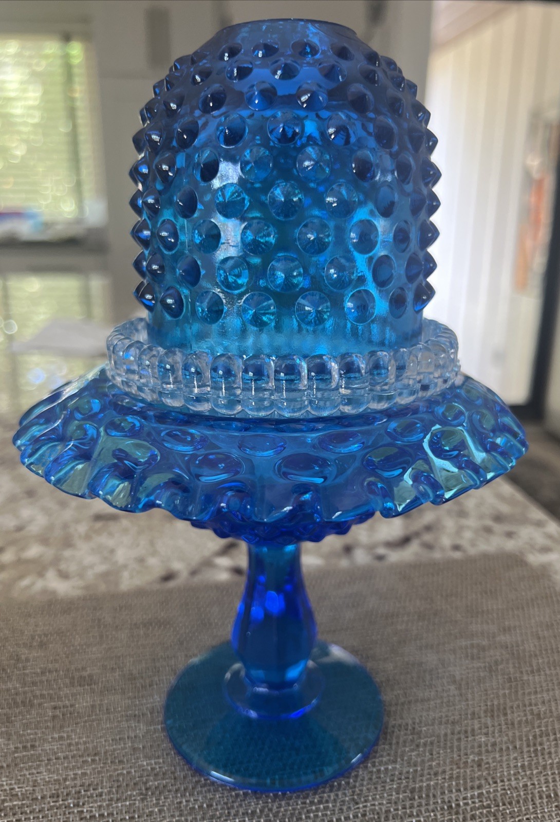 VTG Fenton Colonial Blue Hobnail 3 Piece Pedestal Footed Fairy Lamp 8.25\