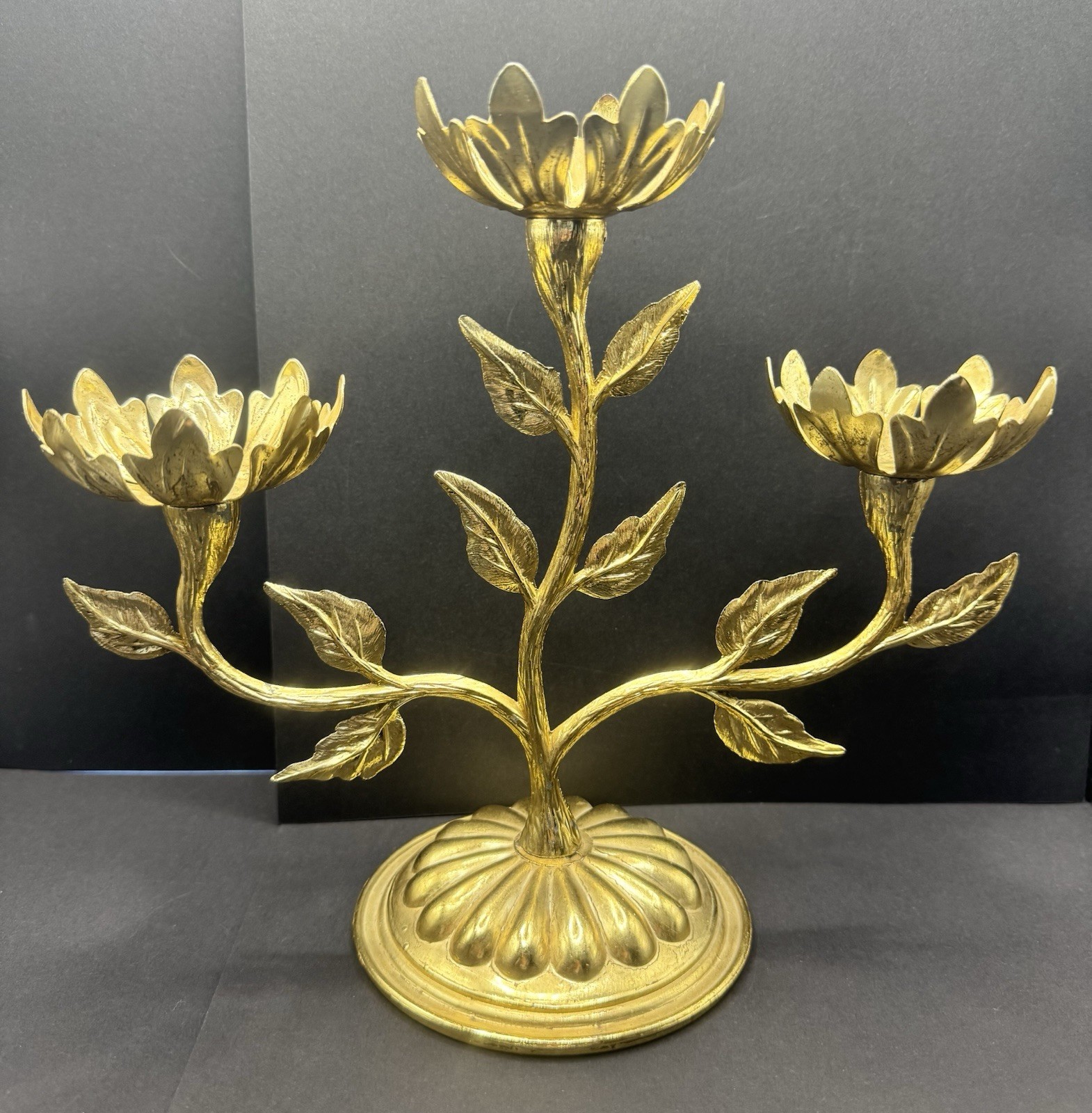 VTG MCM Hollywood Regency Brass Candelabra 3 Arm Candle Stick Holder Gold Tone