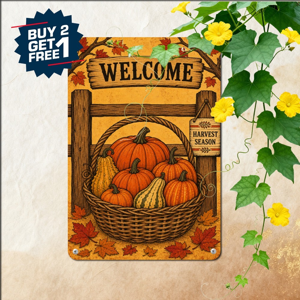 Welcome Fall Basket Of Pumpkins Harvest Floral Decor Retro Metal Tin Sign