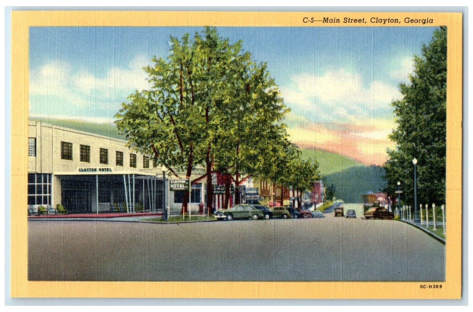 c1930\'s Main Street Clayton Hotel Cars Drugs Store Clayton Georgia GA Postcard