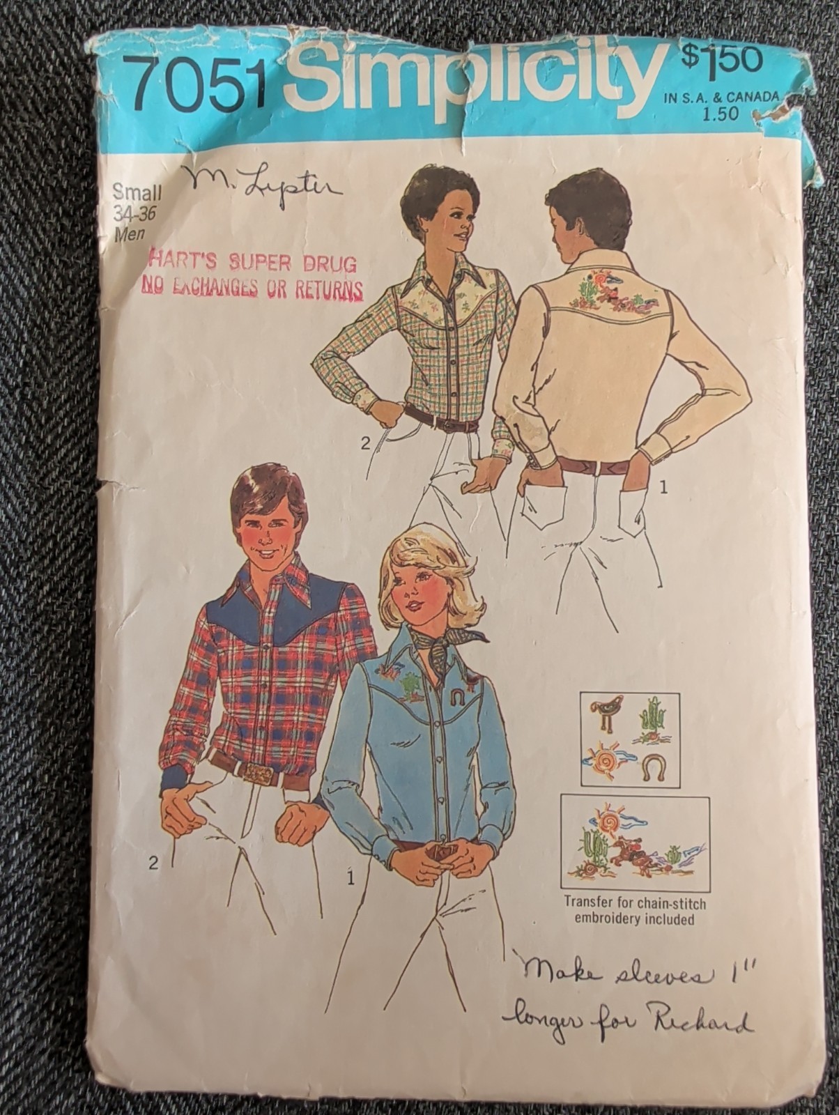 Vtg Simplicity #7051 Men\'s Western Cowboy Shirt Pattern 1970s Sz Small 34-36