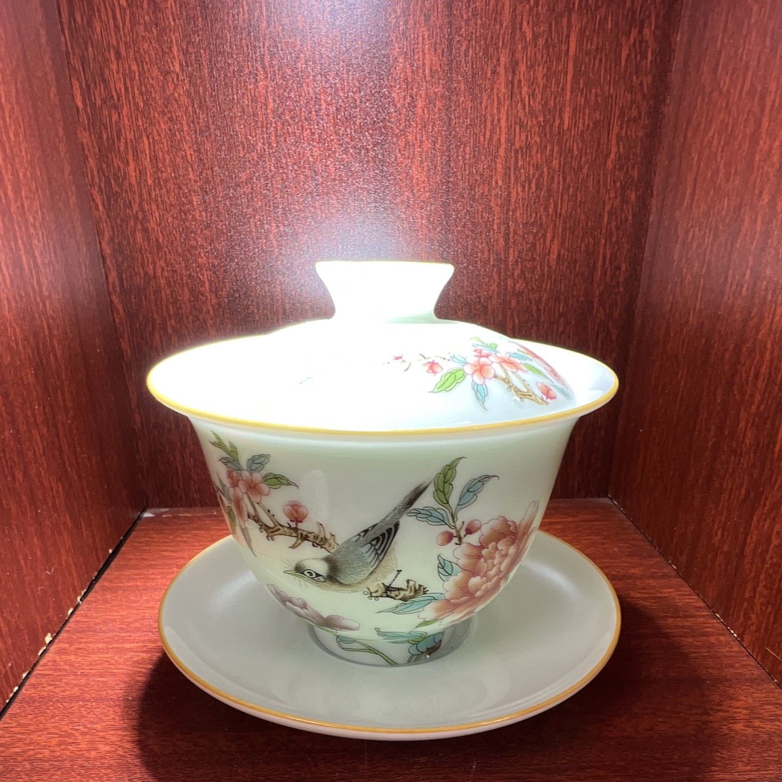 Chinese Porcelain Gaiwan Lidded Tea Cup w/ Saucer Floral Bird Design Seal Mark