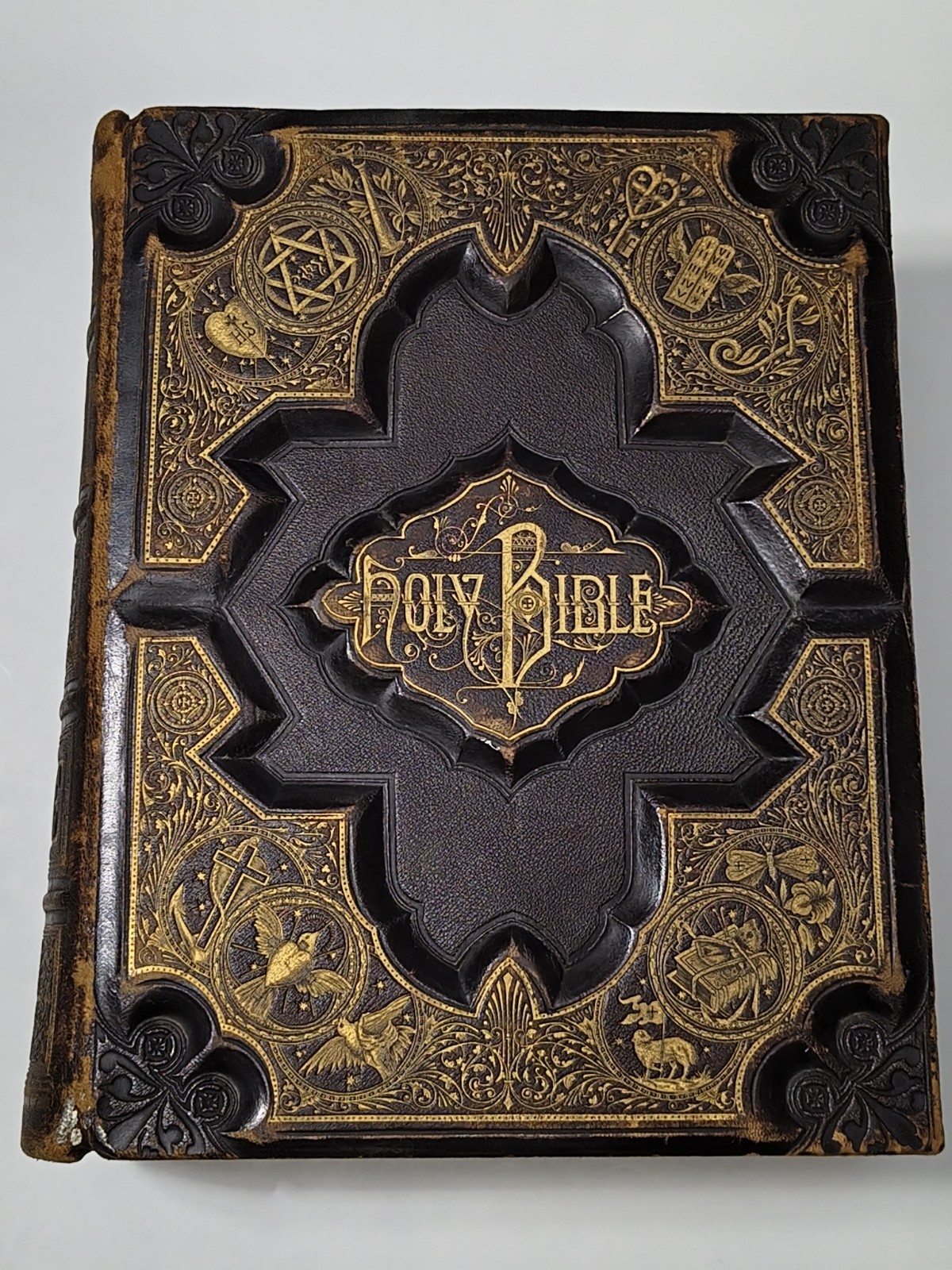 Antique 1884 Victorian Holy Bible Leather Gold Gilt Illustrated Rare See Descrip