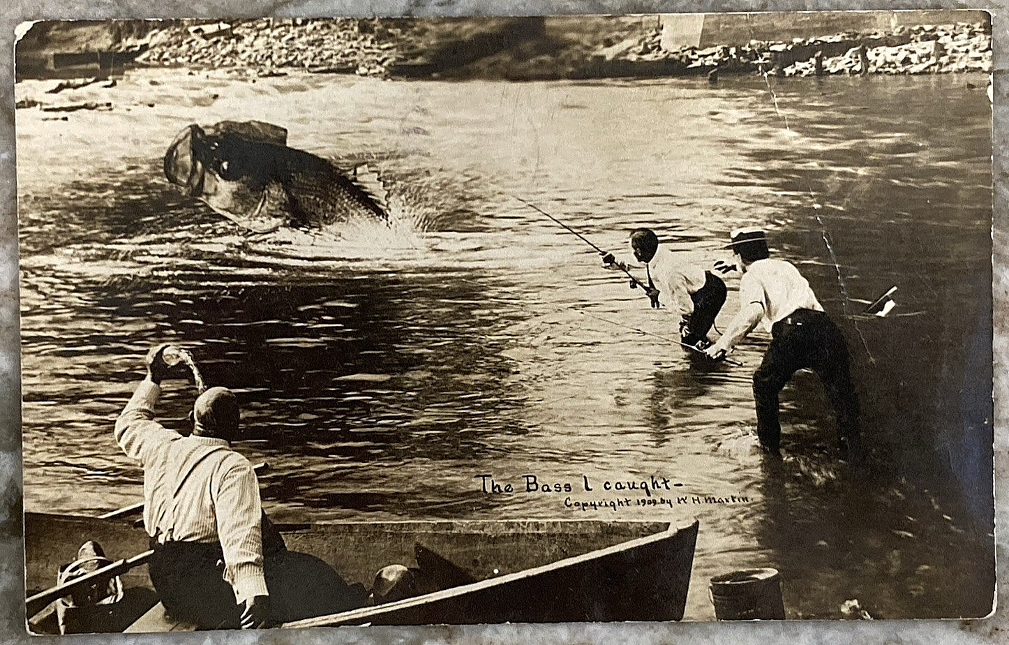 THE BASS I CAUGHT Exaggeration WH Martin PM 1909 Three Rivers RPPC Postcard B698