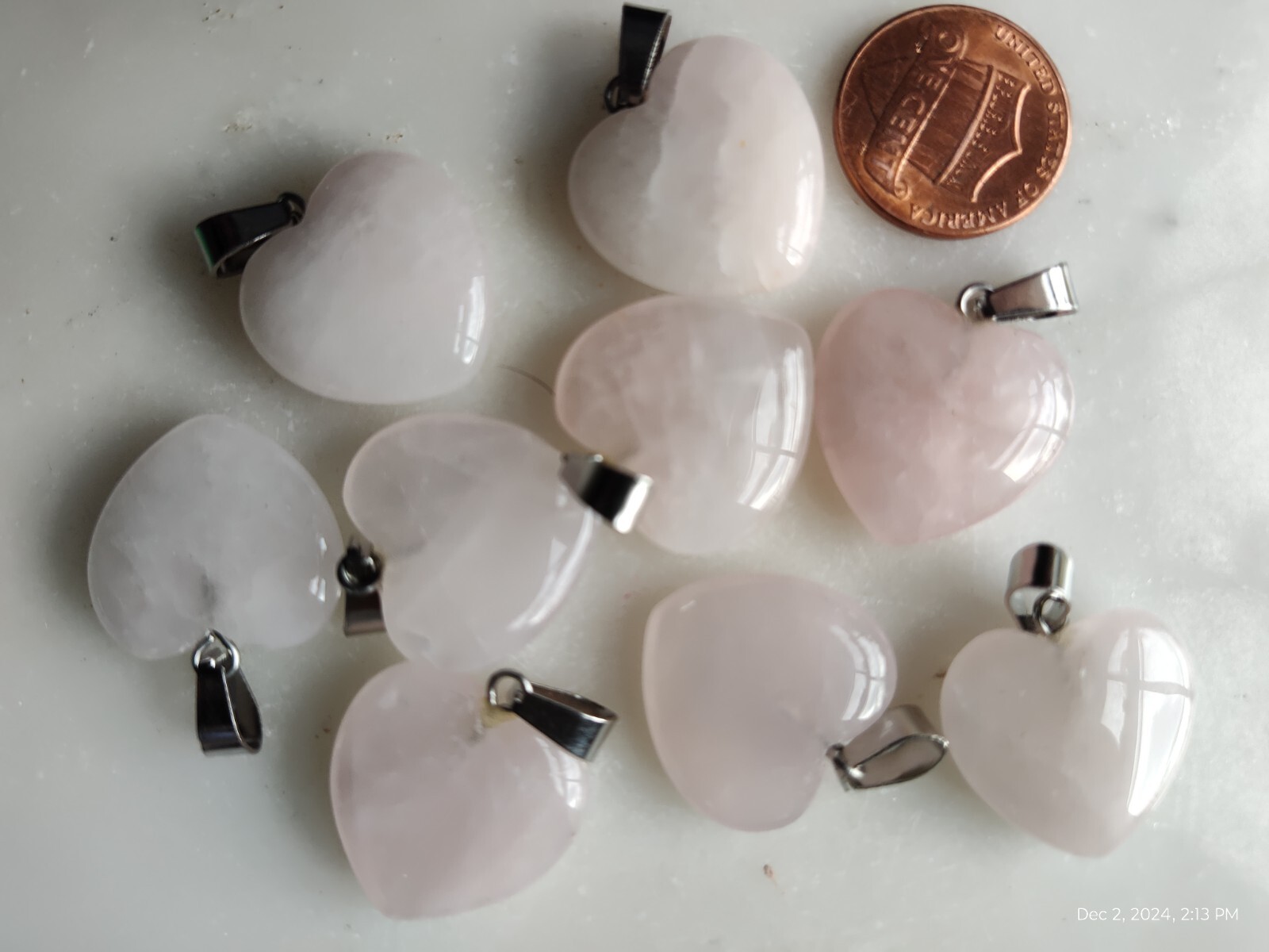 9pc Pink Rose Quartz Carved Heart Pendants Bulk Crystal Gemstone Charms Lot