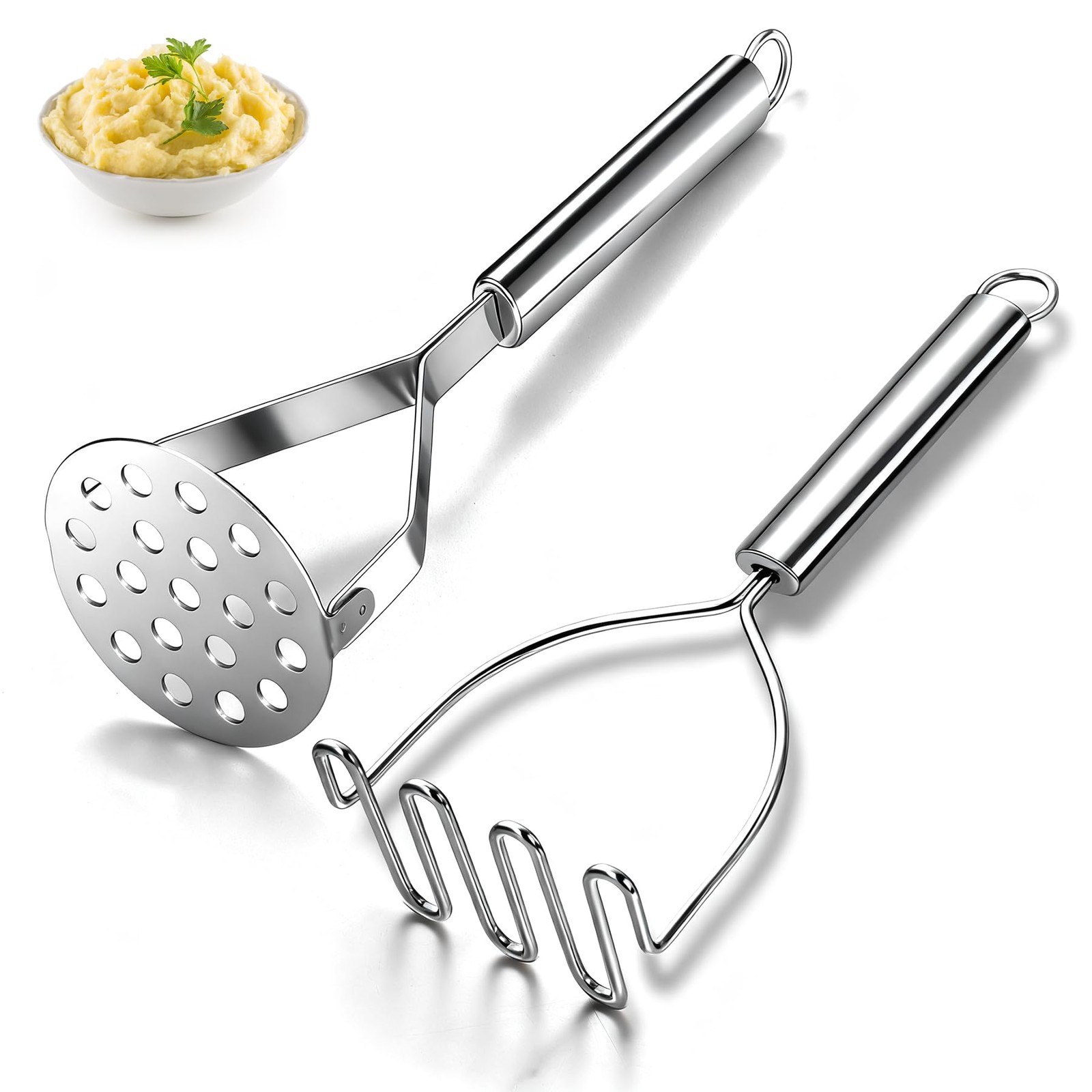 Potato Masher 2 Pcs, Stainless Steel Heavy Duty Mash Potatoes Masher Kitchen ...