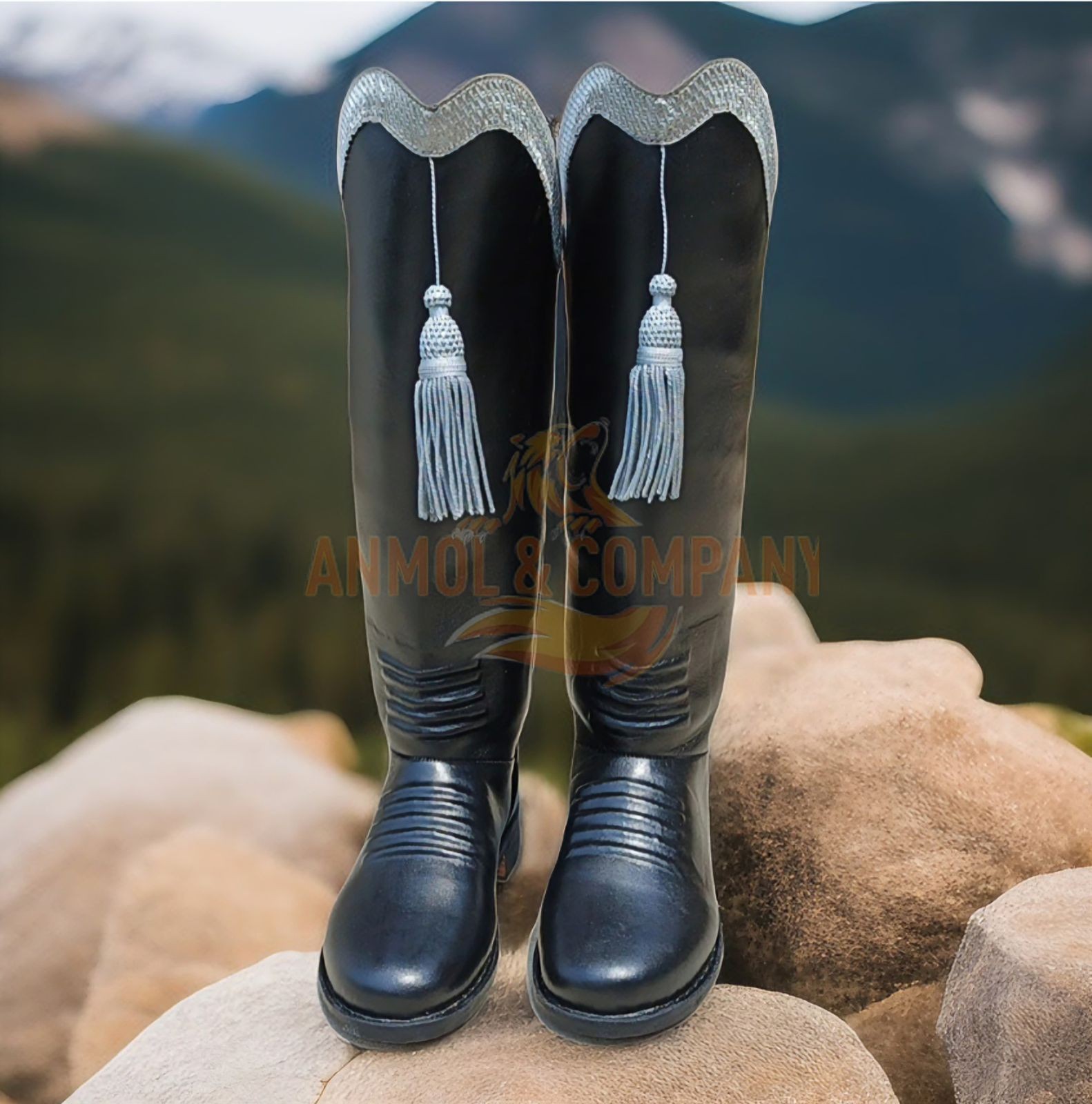 Men’s Black Leather Hussar Cavalry Boots Military Parade Knee High Costume Boots