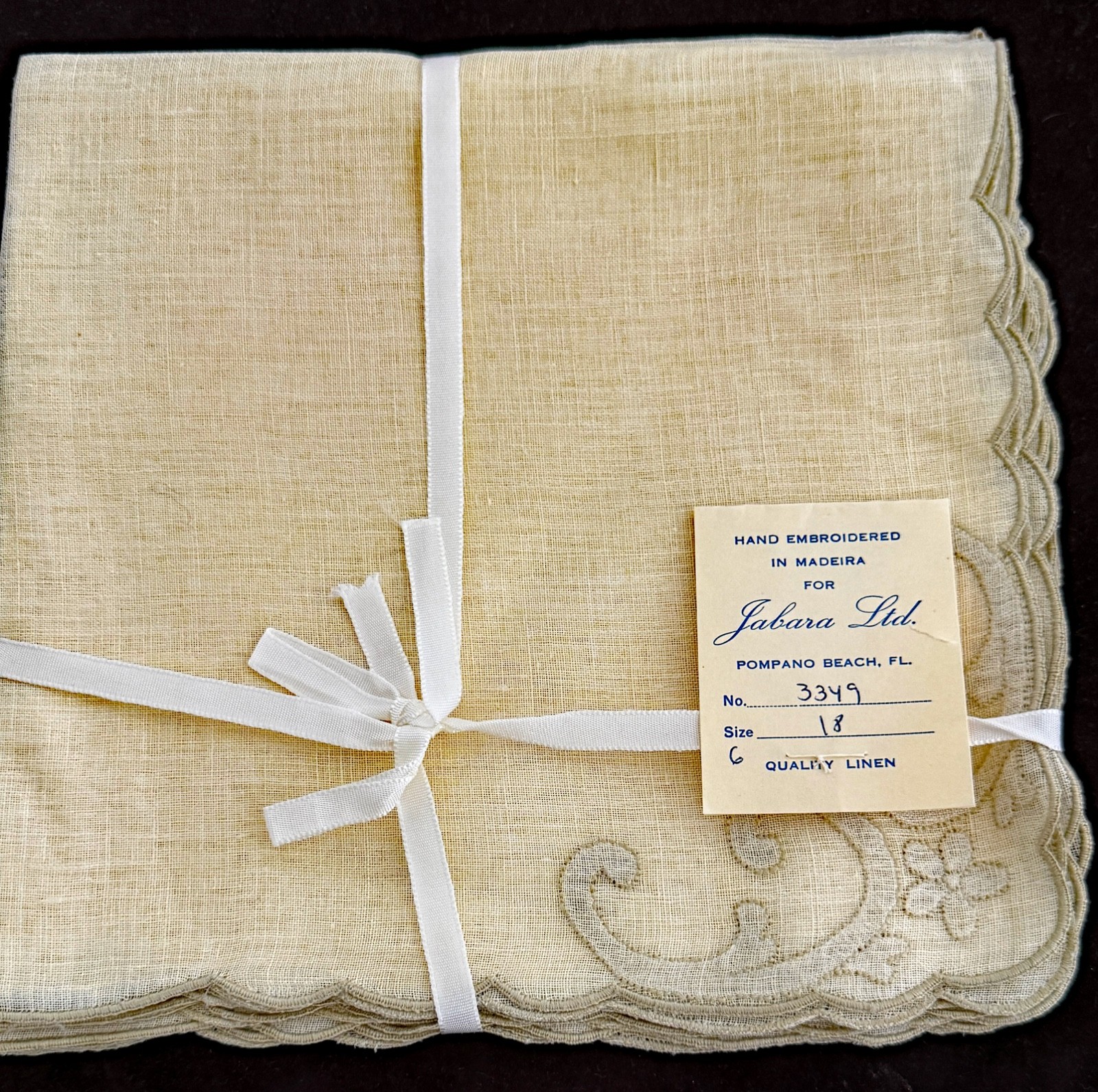 Vintage Madeira Hand Embroidered Ecru Linen Napkins Dead Stock - Set of 6	 B235A